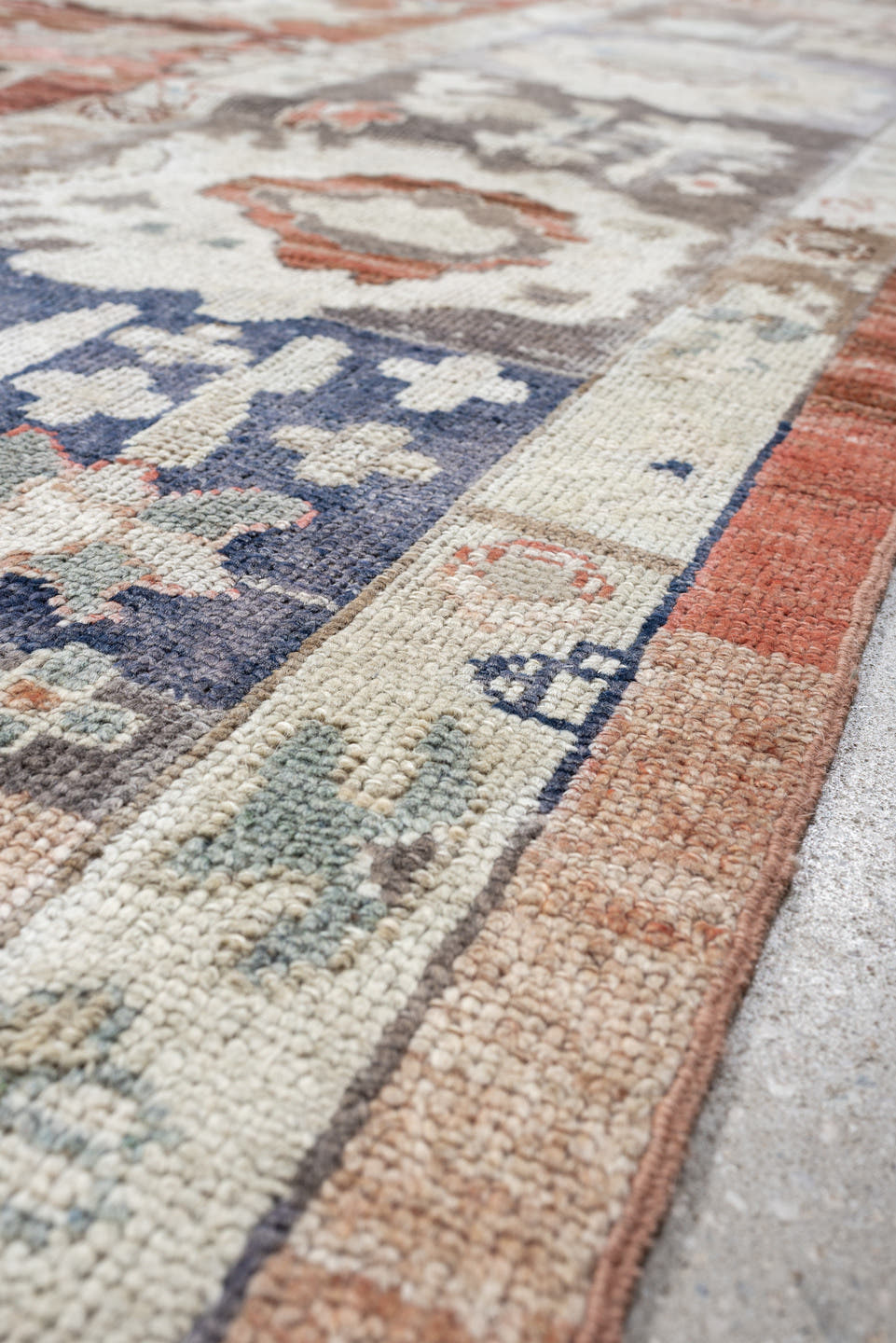 9' x 11' one-of-a-kind handmade vintage Oushak large size rug. Color palette: terracotta, taupe, ivory, cream, powder blue