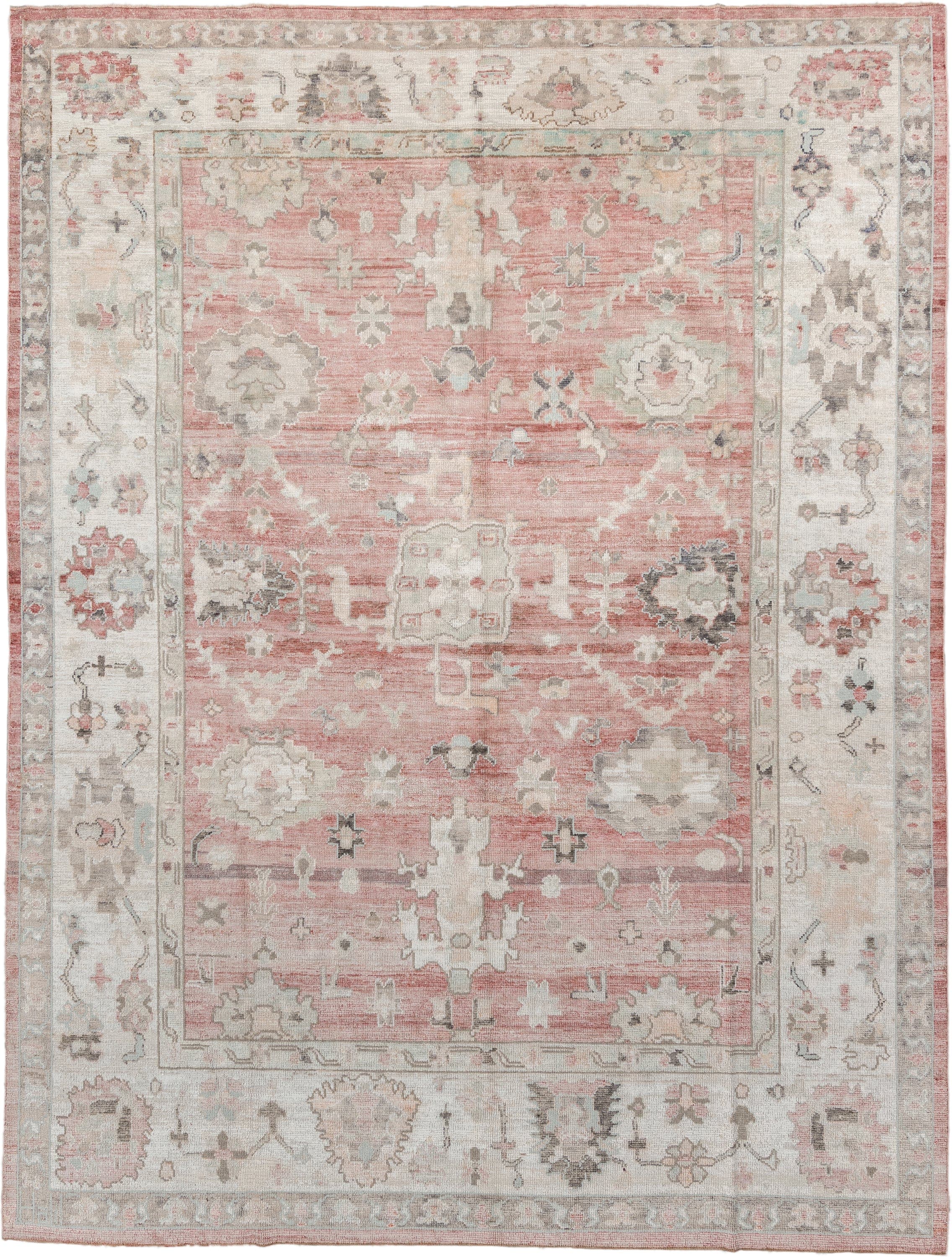 9' x 11' one-of-a-kind handmade vintage Oushak large size rug. Color palette: coral, ivory, sage, taupe, blush, charcoal
