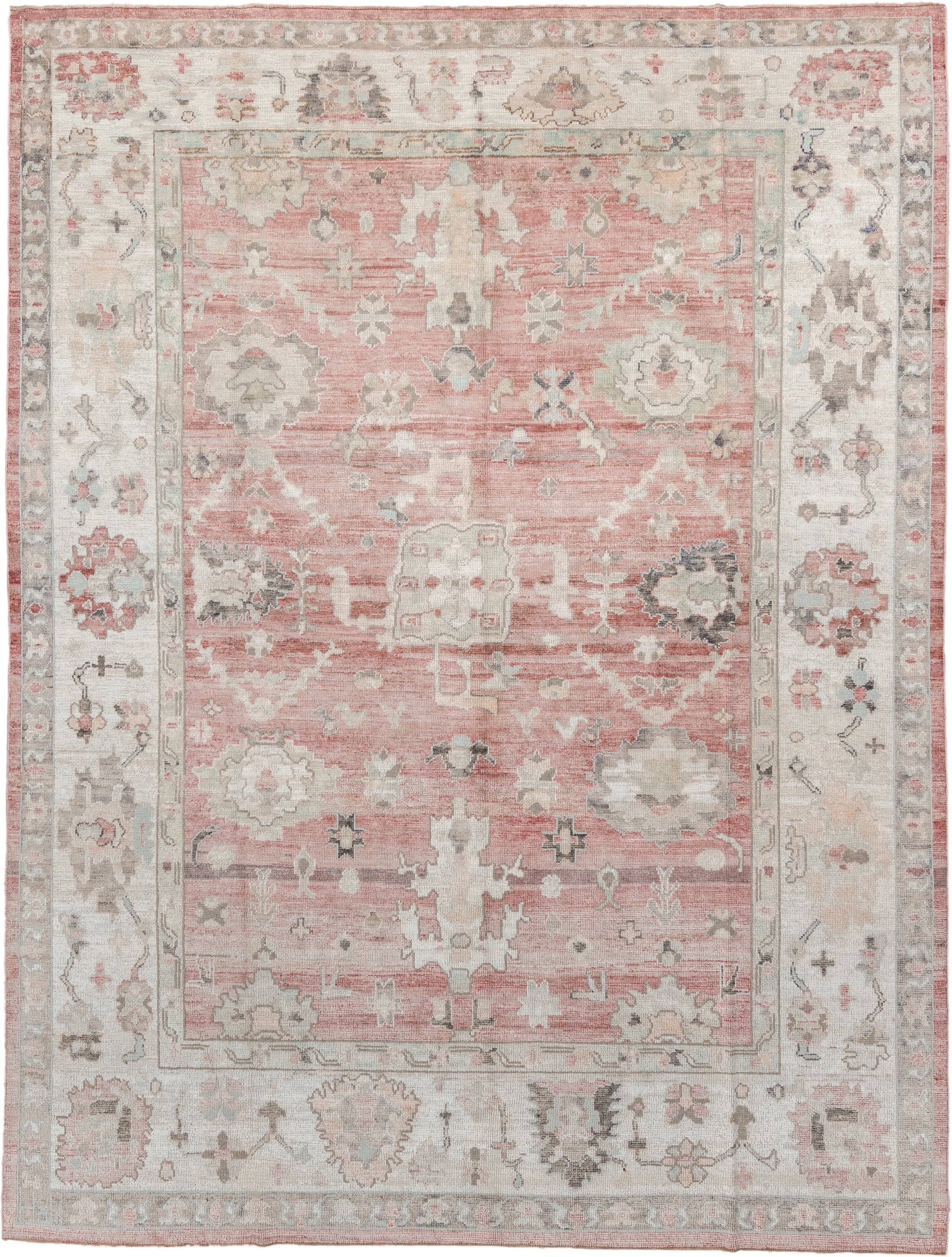 9' x 11' one-of-a-kind handmade vintage Oushak large size rug. Color palette: coral, ivory, sage, taupe, blush, charcoal