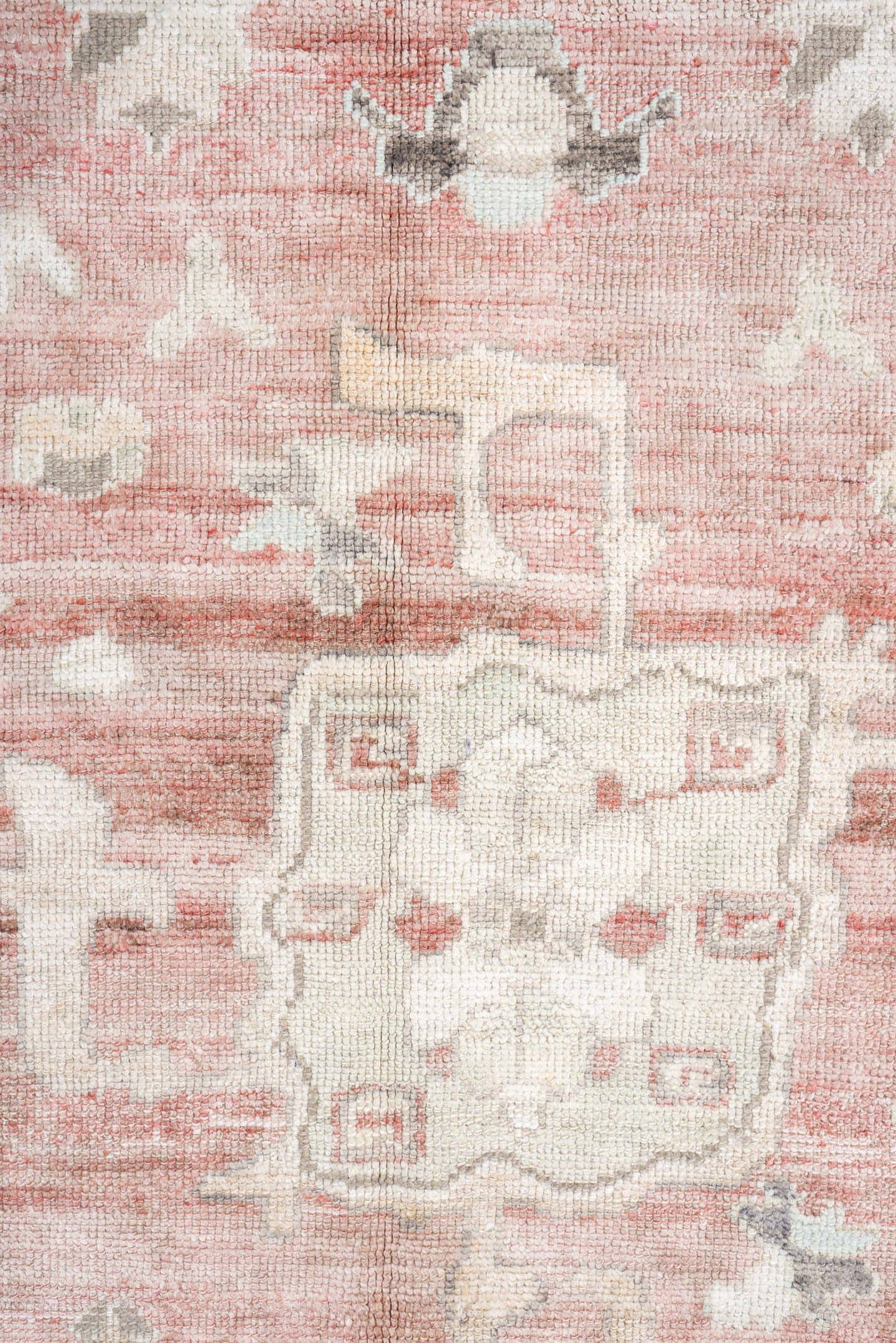 9' x 11' one-of-a-kind handmade vintage Oushak large size rug. Color palette: coral, ivory, sage, taupe, blush, charcoal