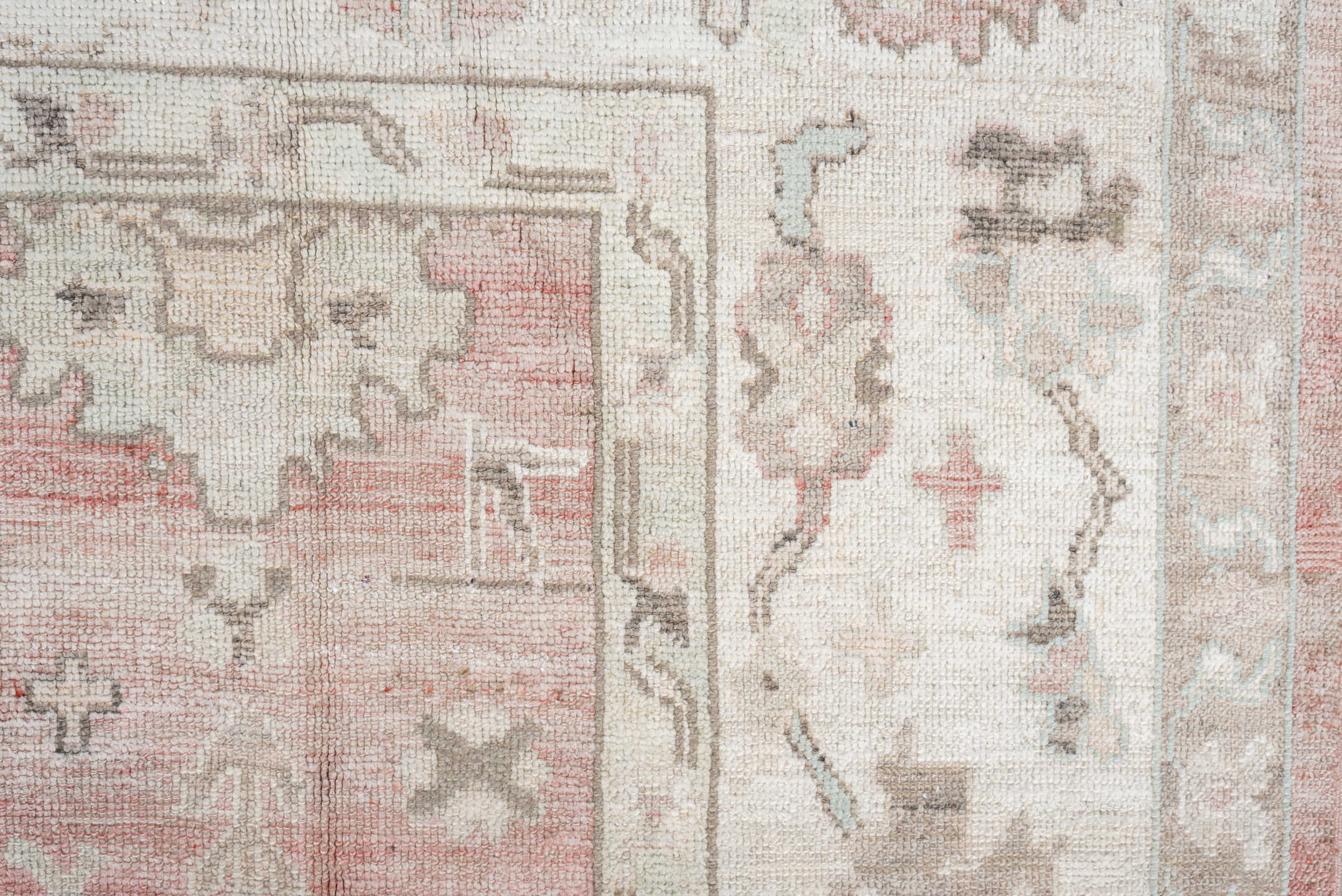 9' x 11' one-of-a-kind handmade vintage Oushak large size rug. Color palette: coral, ivory, sage, taupe, blush, charcoal