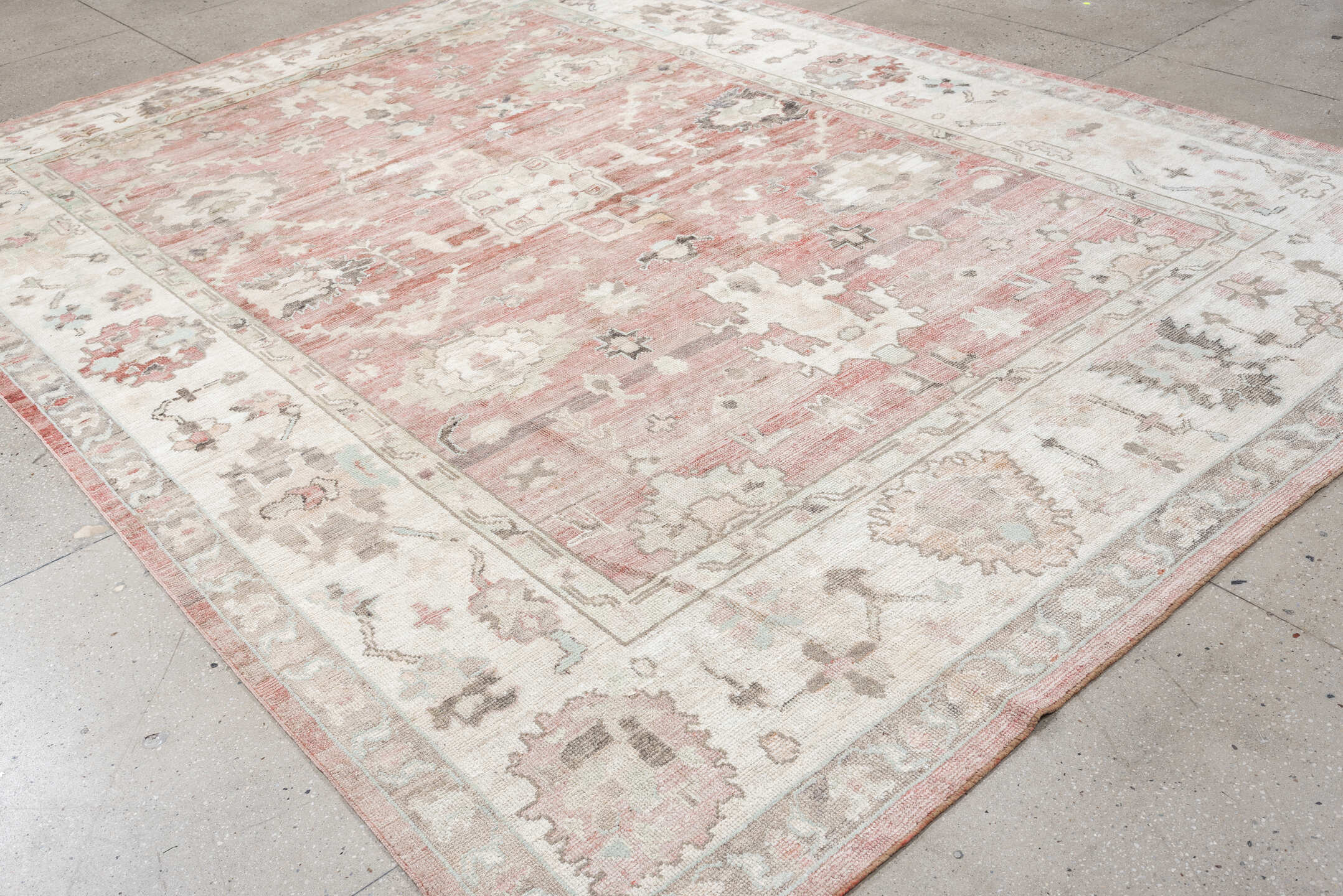 9' x 11' one-of-a-kind handmade vintage Oushak large size rug. Color palette: coral, ivory, sage, taupe, blush, charcoal
