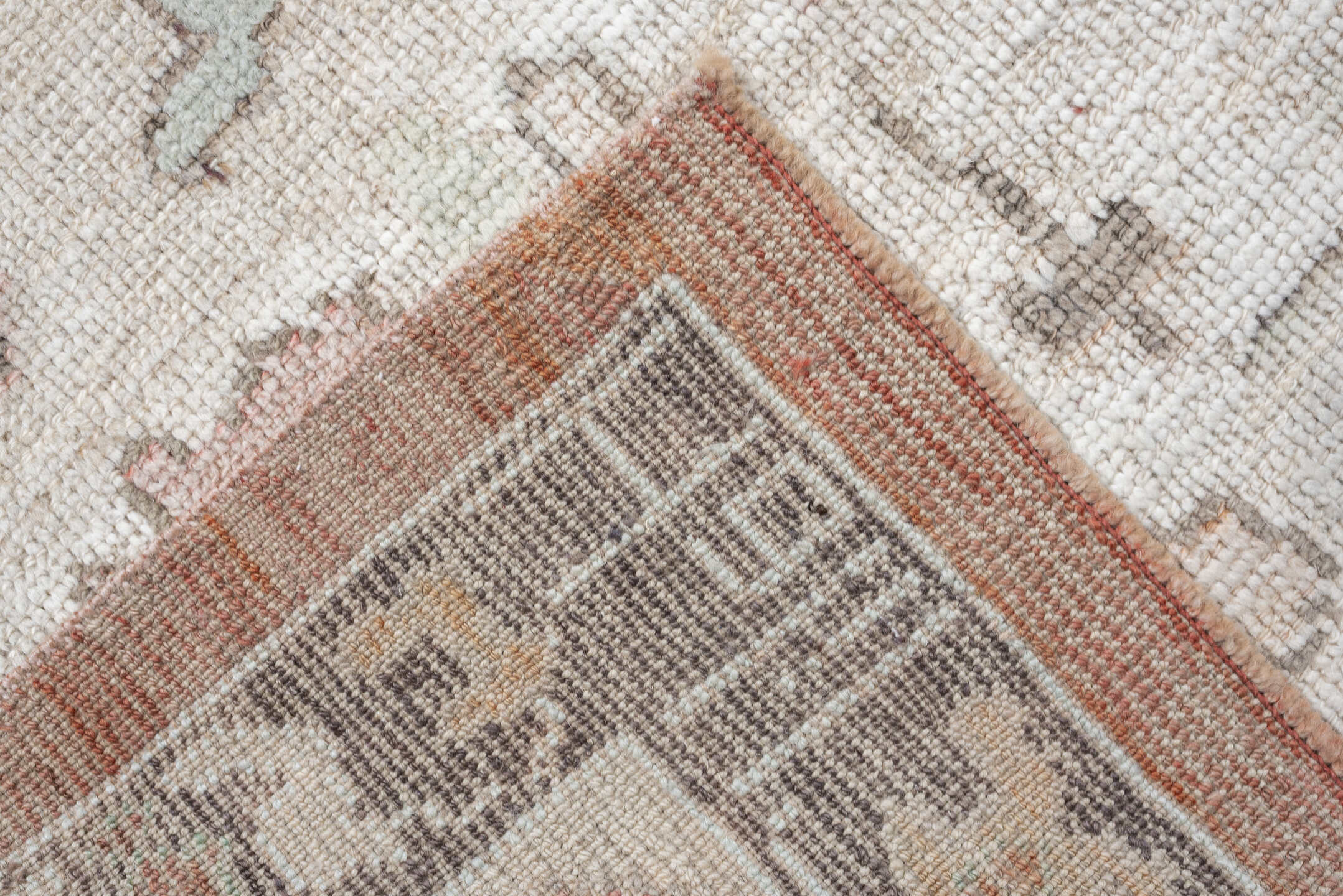 9' x 11' one-of-a-kind handmade vintage Oushak large size rug. Color palette: coral, ivory, sage, taupe, blush, charcoal