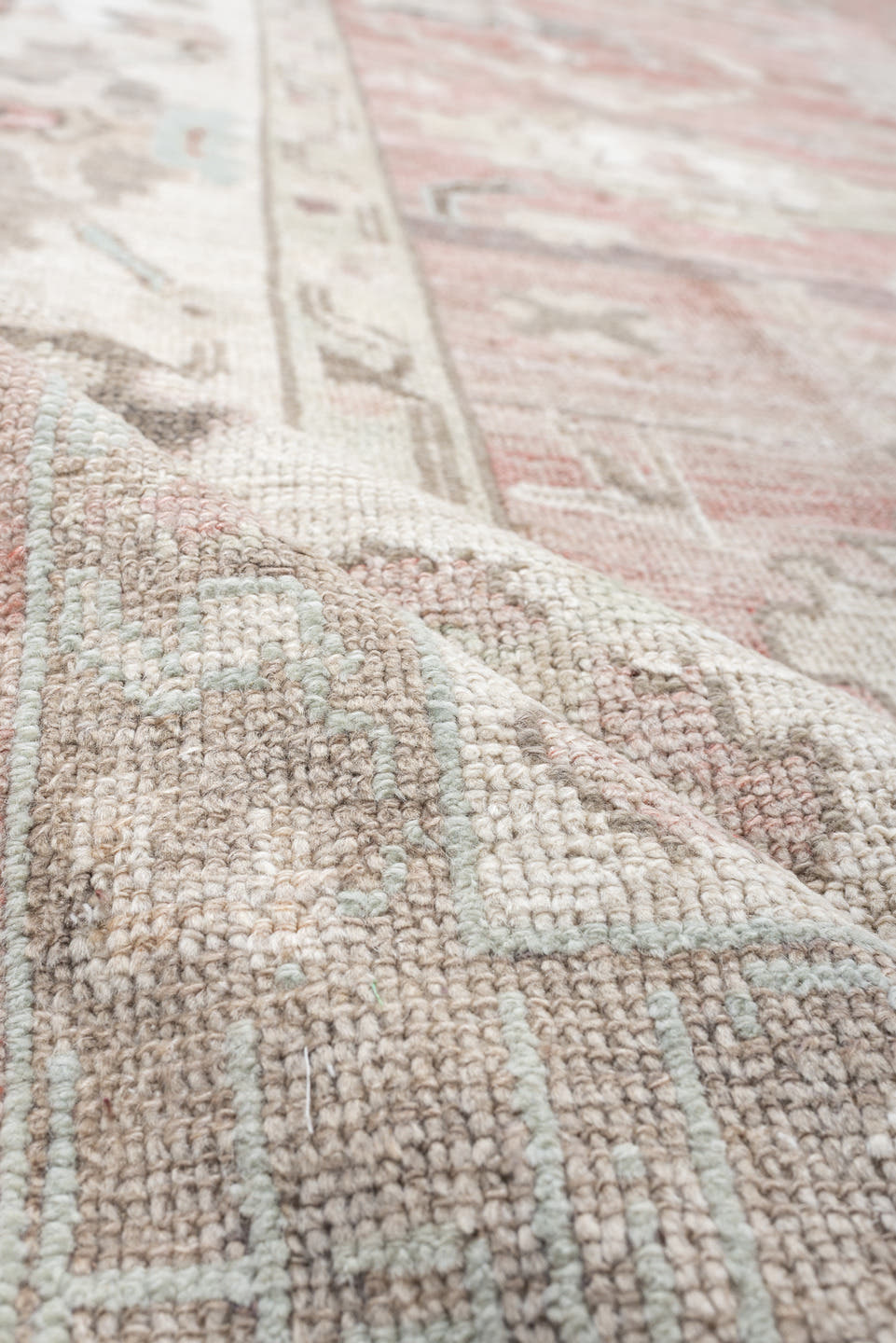 9' x 11' one-of-a-kind handmade vintage Oushak large size rug. Color palette: coral, ivory, sage, taupe, blush, charcoal