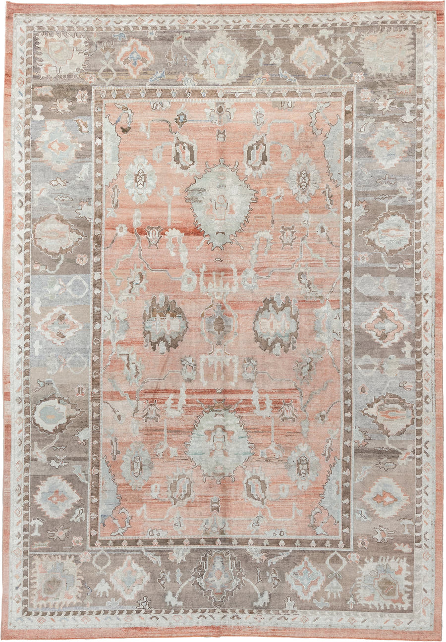 9' x 13' one-of-a-kind handmade vintage Oushak large size rug. Color palette: blush, taupe, ivory, pale blue, peach, sand
