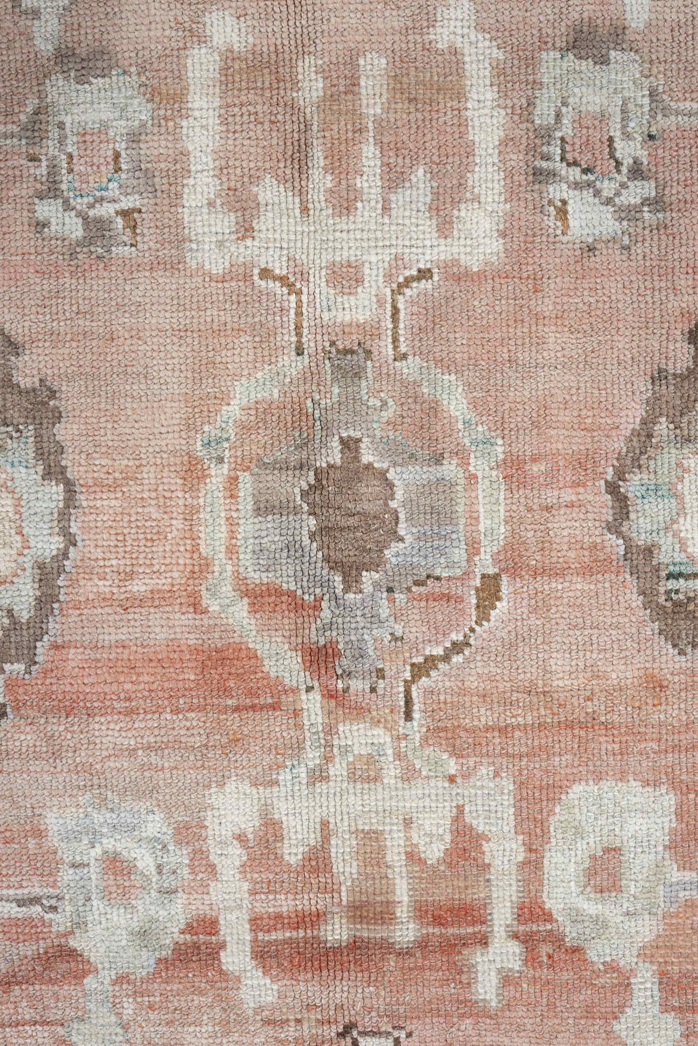 9' x 13' one-of-a-kind handmade vintage Oushak large size rug. Color palette: blush, taupe, ivory, pale blue, peach, sand