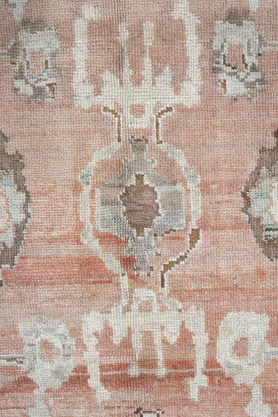 9' x 13' one-of-a-kind handmade vintage Oushak large size rug. Color palette: blush, taupe, ivory, pale blue, peach, sand