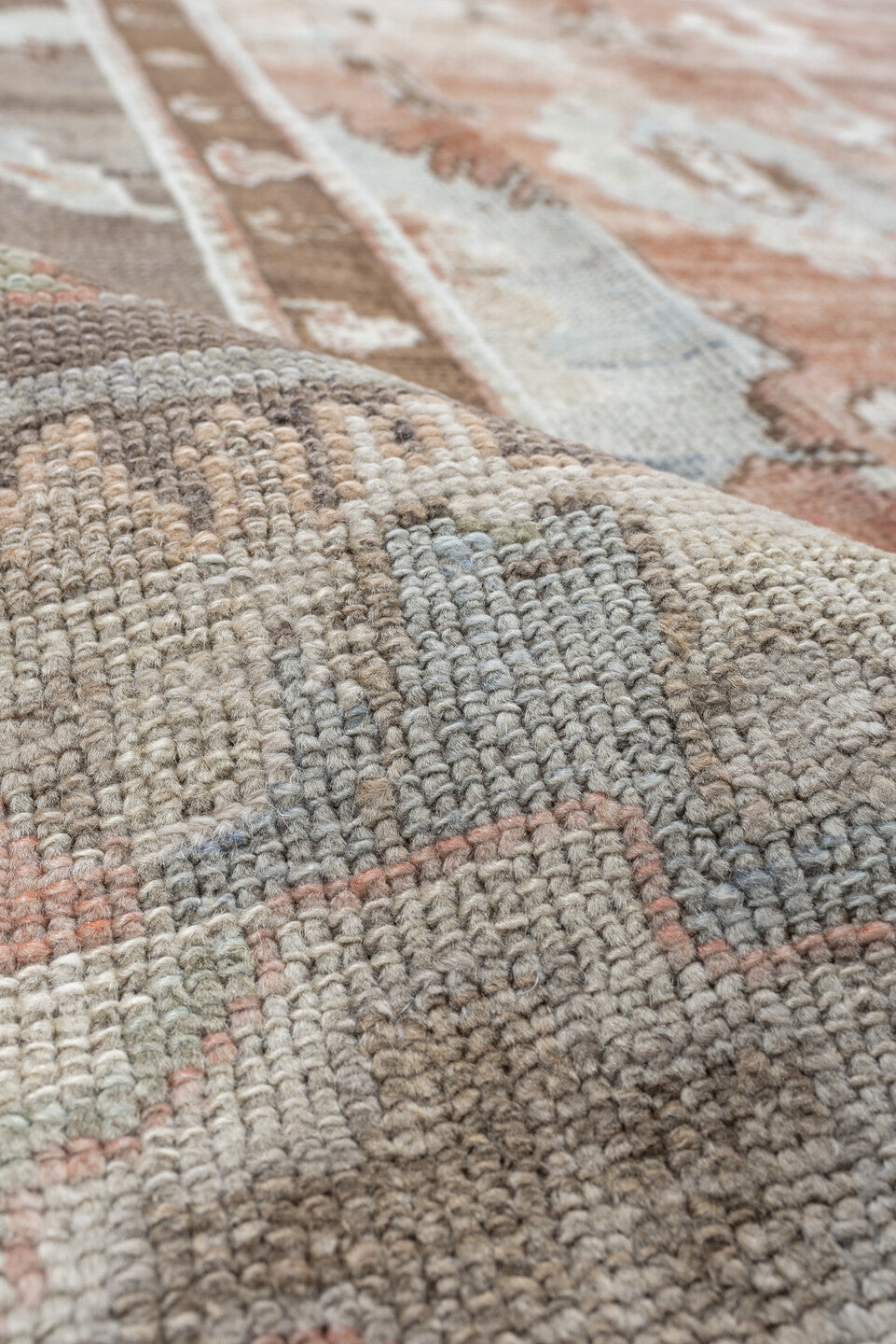 9' x 13' one-of-a-kind handmade vintage Oushak large size rug. Color palette: blush, taupe, ivory, pale blue, peach, sand