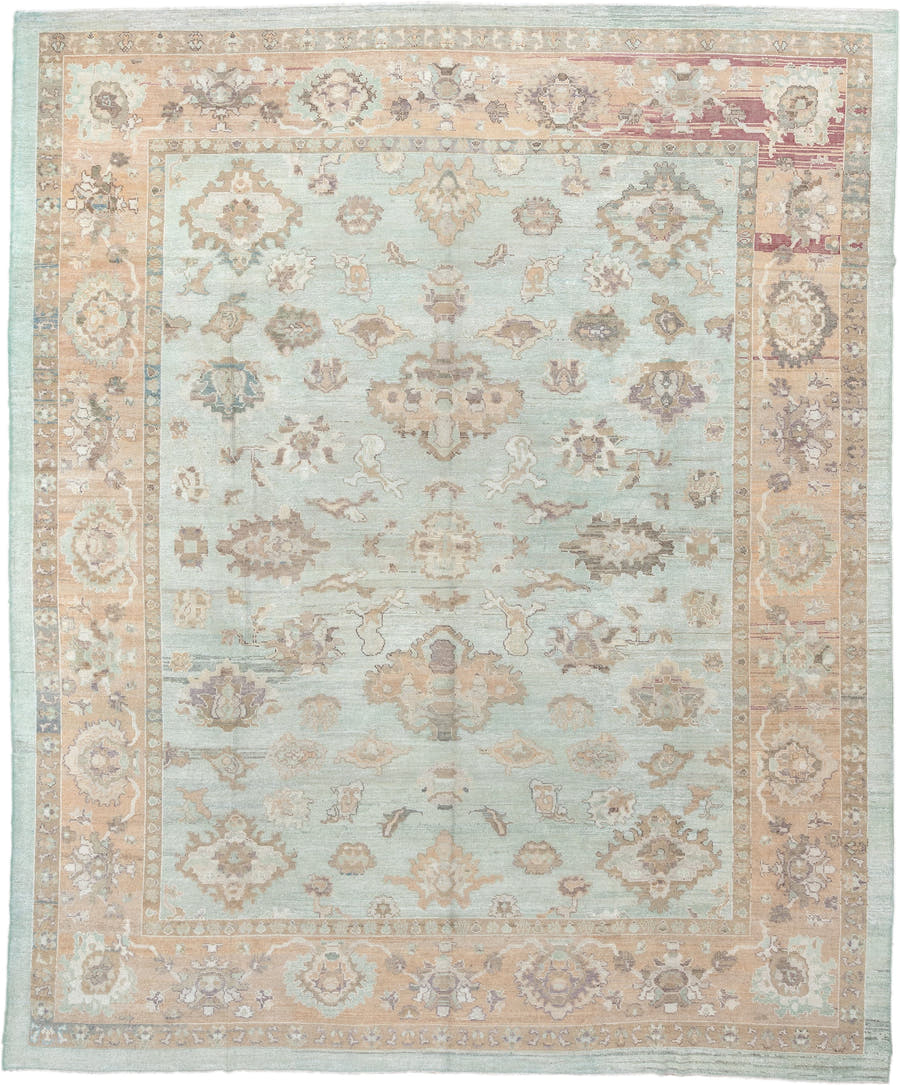 12' x 15' one-of-a-kind handmade vintage Oushak oversize rug. Color palette: aqua, beige, taupe, ivory, sand, rose, sage