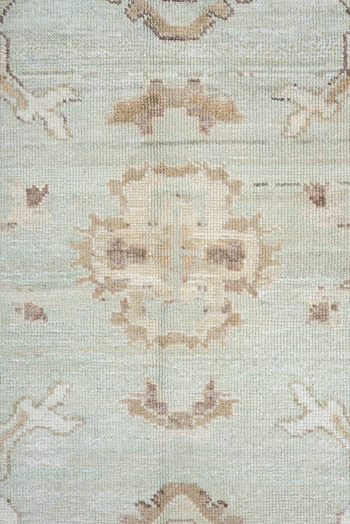 12' x 15' one-of-a-kind handmade vintage Oushak oversize rug. Color palette: aqua, beige, taupe, ivory, sand, rose, sage