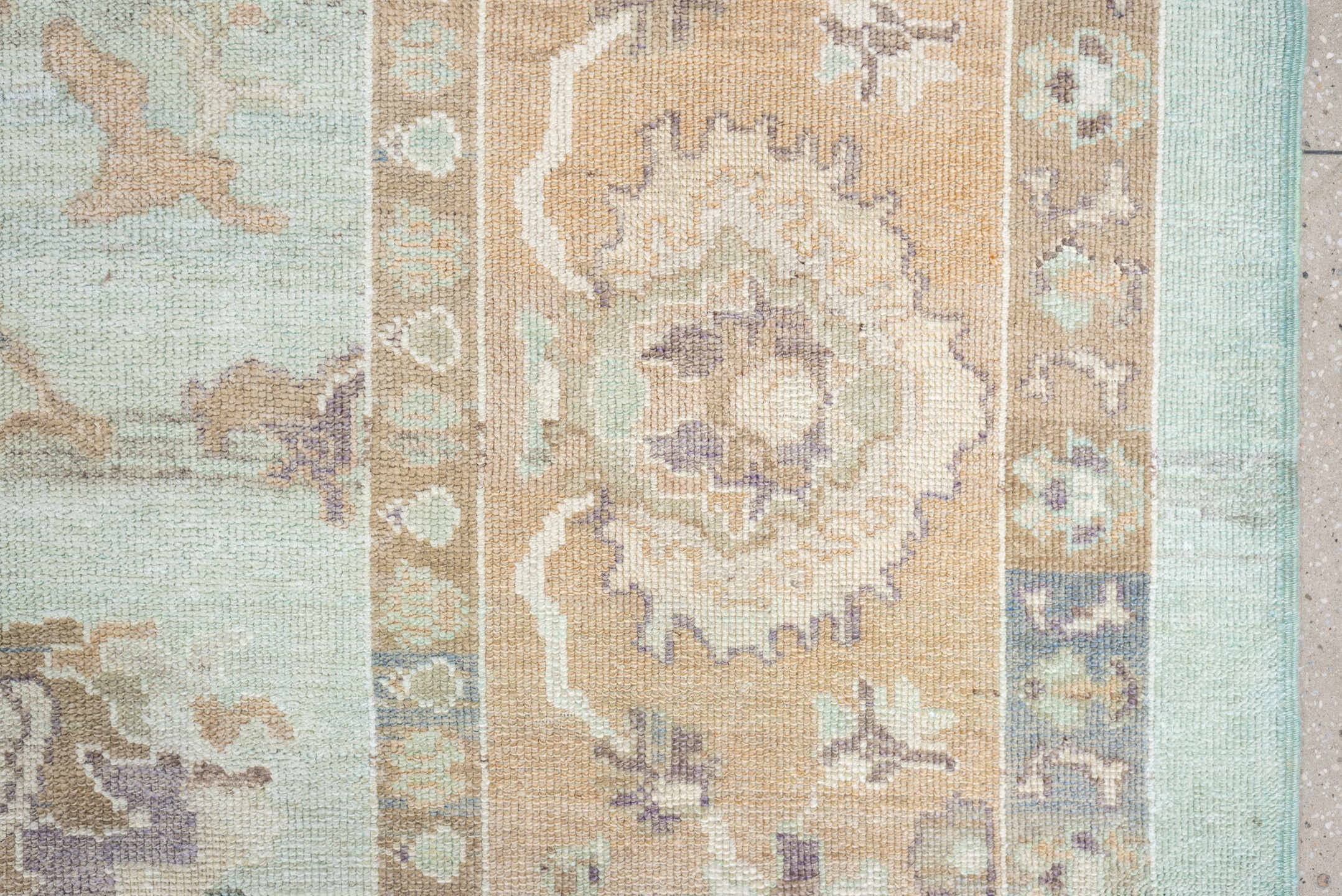 12' x 15' one-of-a-kind handmade vintage Oushak oversize rug. Color palette: aqua, beige, taupe, ivory, sand, rose, sage