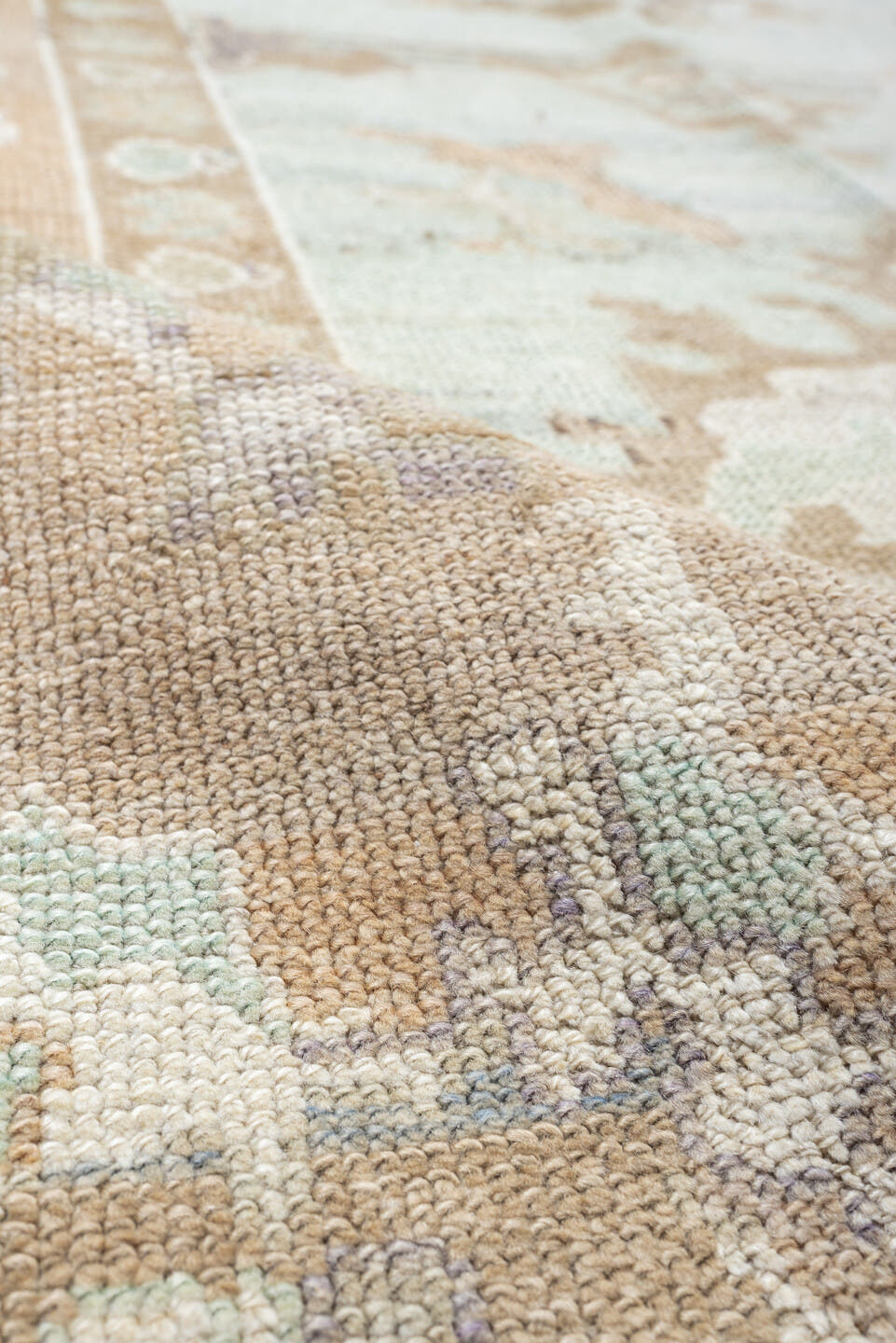 12' x 15' one-of-a-kind handmade vintage Oushak oversize rug. Color palette: aqua, beige, taupe, ivory, sand, rose, sage
