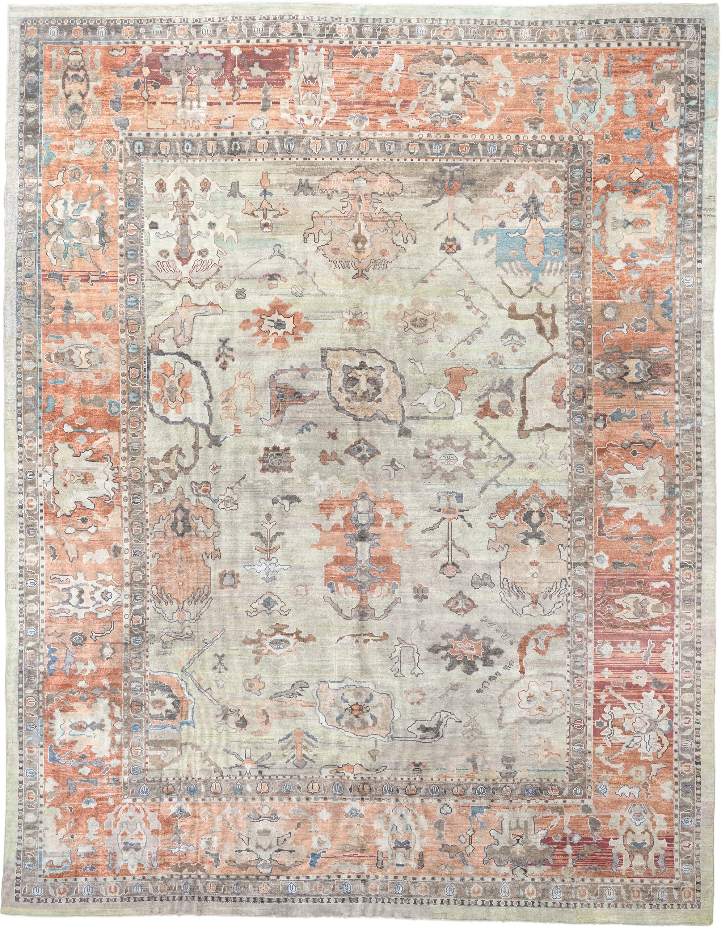 12' x 15' one-of-a-kind handmade vintage Oushak oversize rug. Color palette: ivory, terra cotta, taupe, slate, pale blue