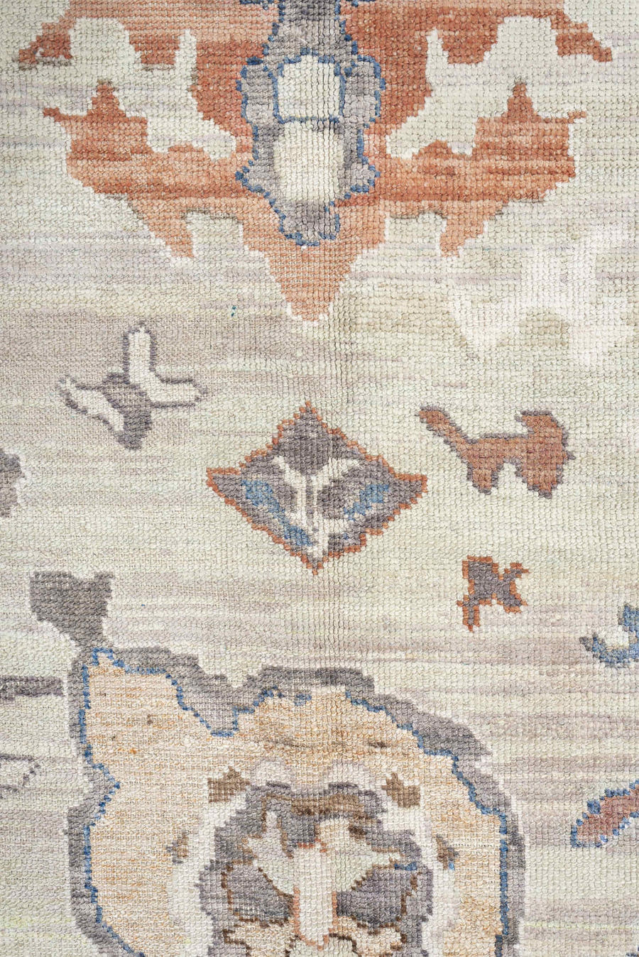 12' x 15' one-of-a-kind handmade vintage Oushak oversize rug. Color palette: ivory, terra cotta, taupe, slate, pale blue