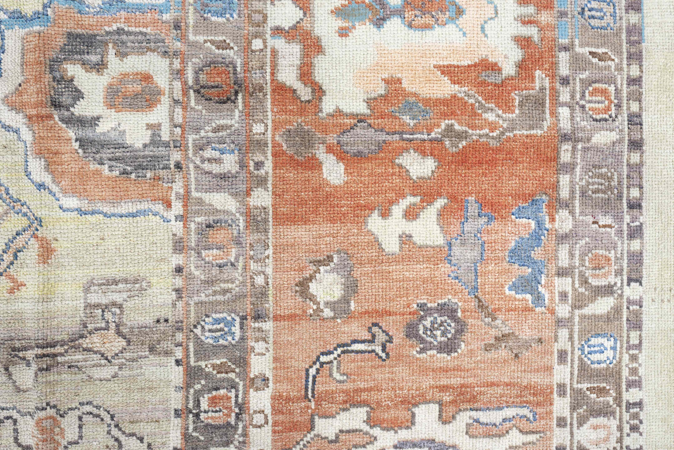 12' x 15' one-of-a-kind handmade vintage Oushak oversize rug. Color palette: ivory, terra cotta, taupe, slate, pale blue