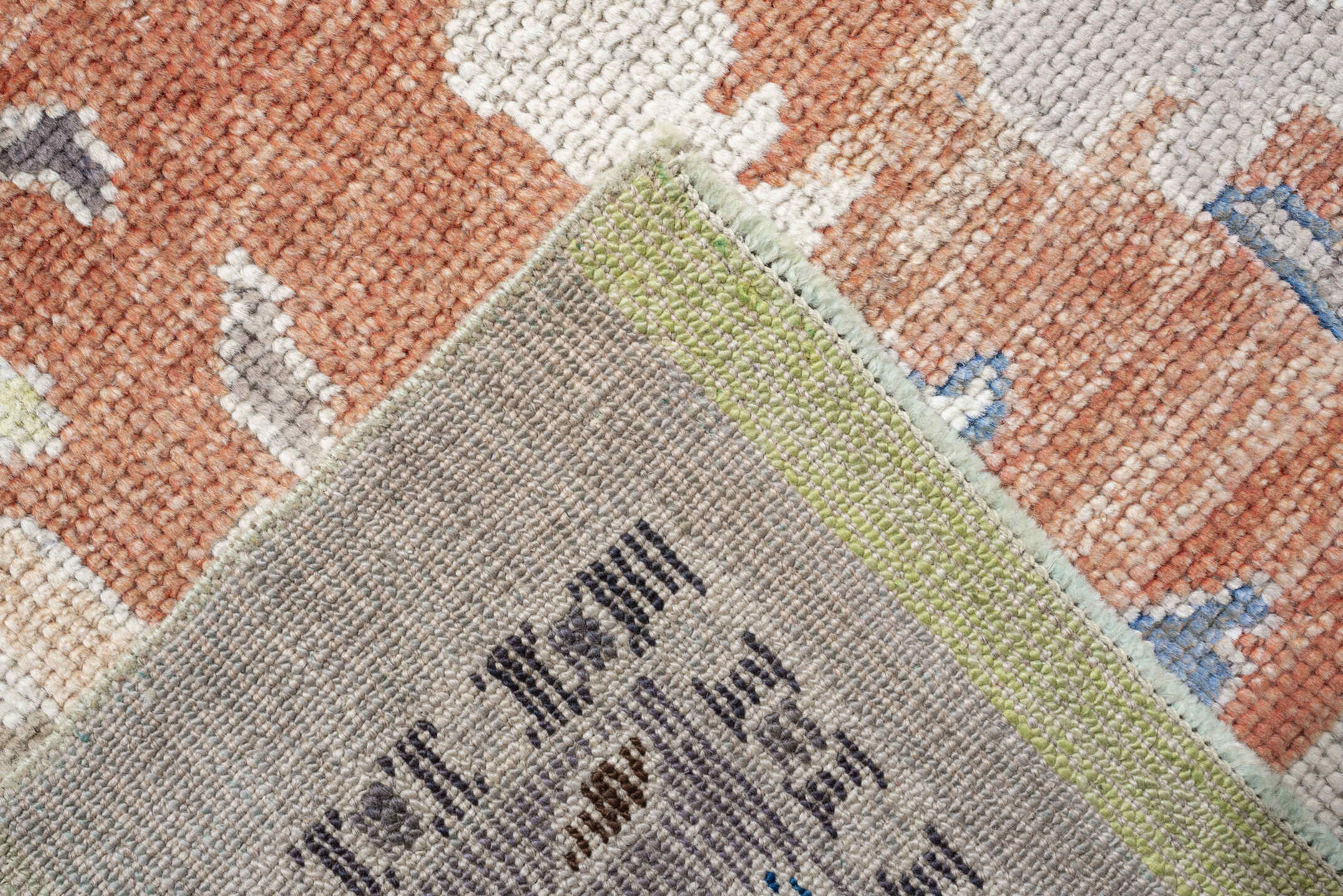 12' x 15' one-of-a-kind handmade vintage Oushak oversize rug. Color palette: ivory, terra cotta, taupe, slate, pale blue