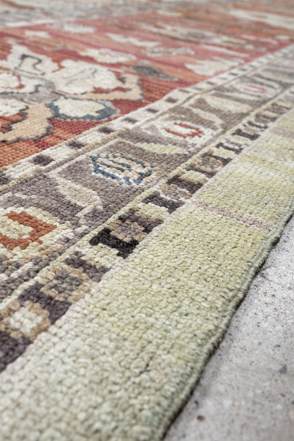 12' x 15' one-of-a-kind handmade vintage Oushak oversize rug. Color palette: ivory, terra cotta, taupe, slate, pale blue