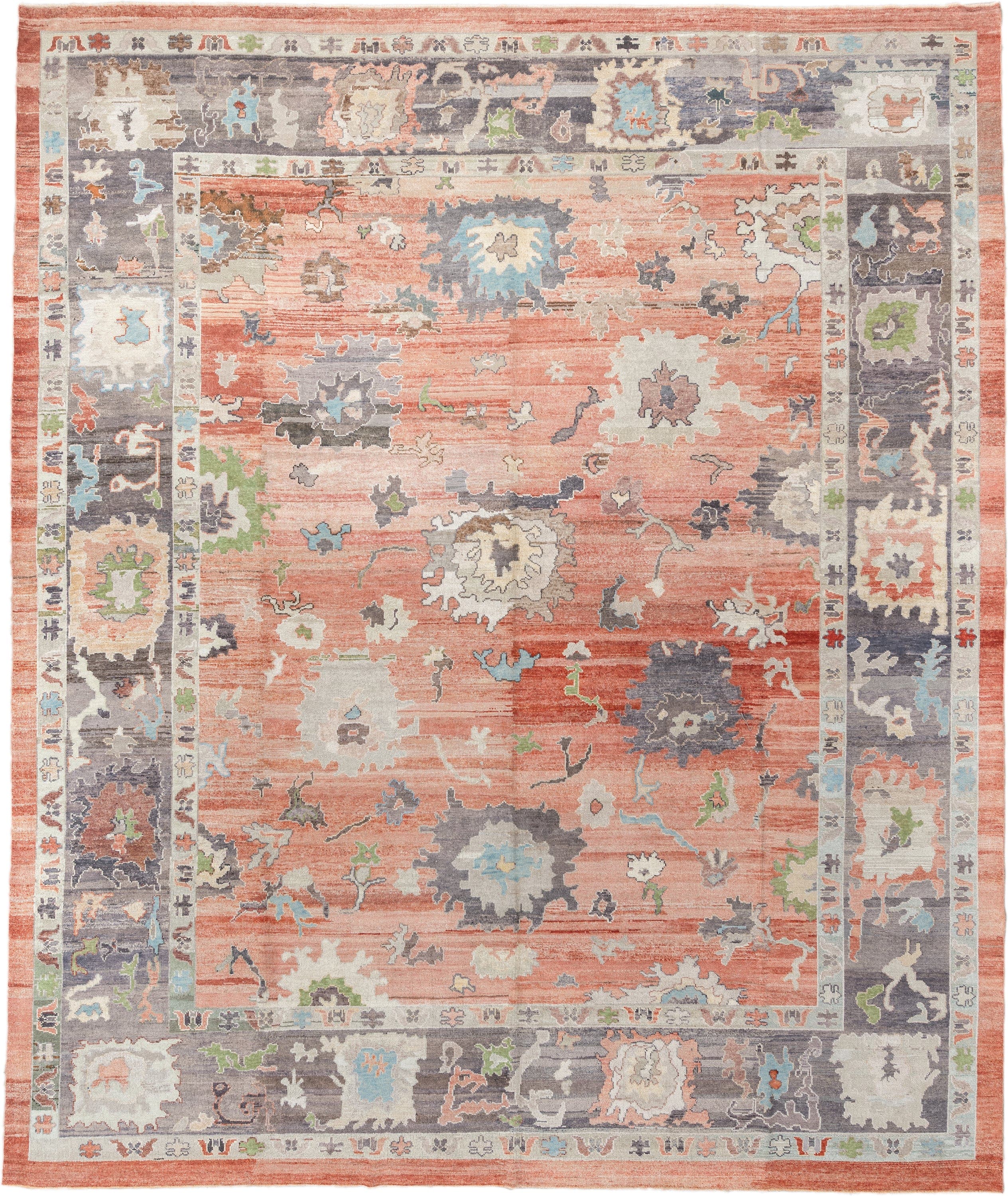 12' x 15' one-of-a-kind handmade vintage Oushak oversize rug. Color palette: coral, slate, ivory, sky blue, sage, taupe
