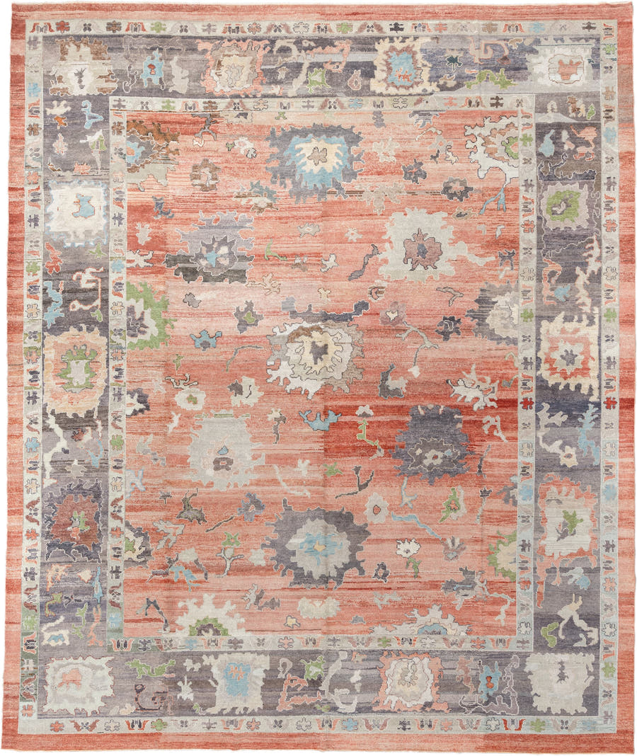 12' x 15' one-of-a-kind handmade vintage Oushak oversize rug. Color palette: coral, slate, ivory, sky blue, sage, taupe