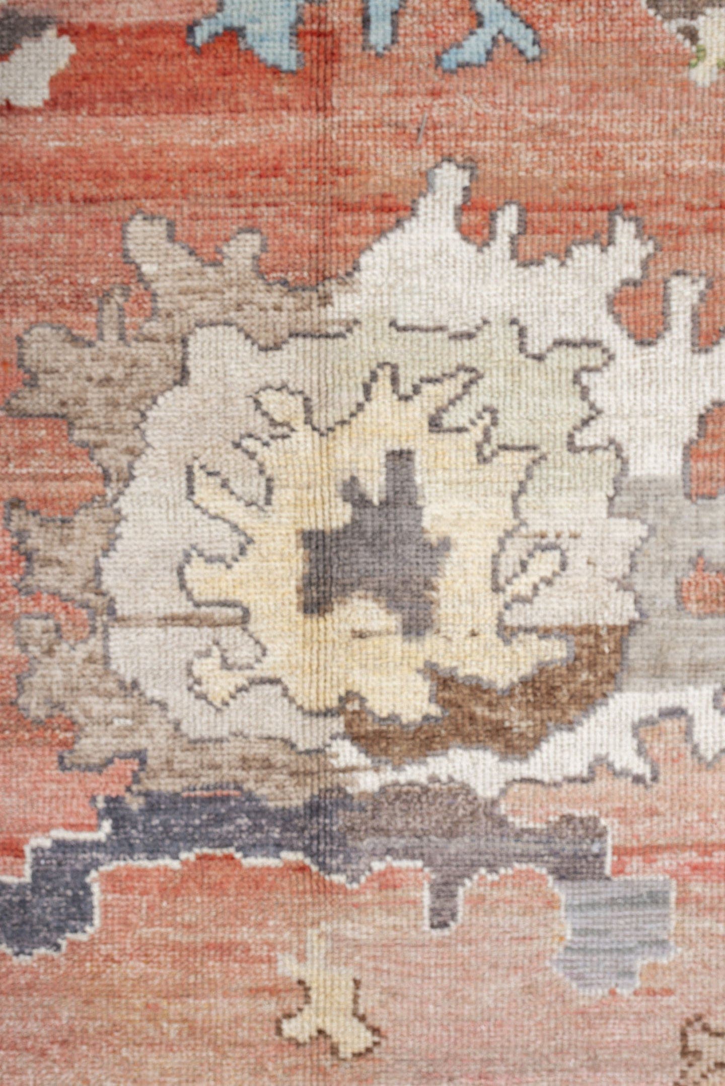 12' x 15' one-of-a-kind handmade vintage Oushak oversize rug. Color palette: coral, slate, ivory, sky blue, sage, taupe