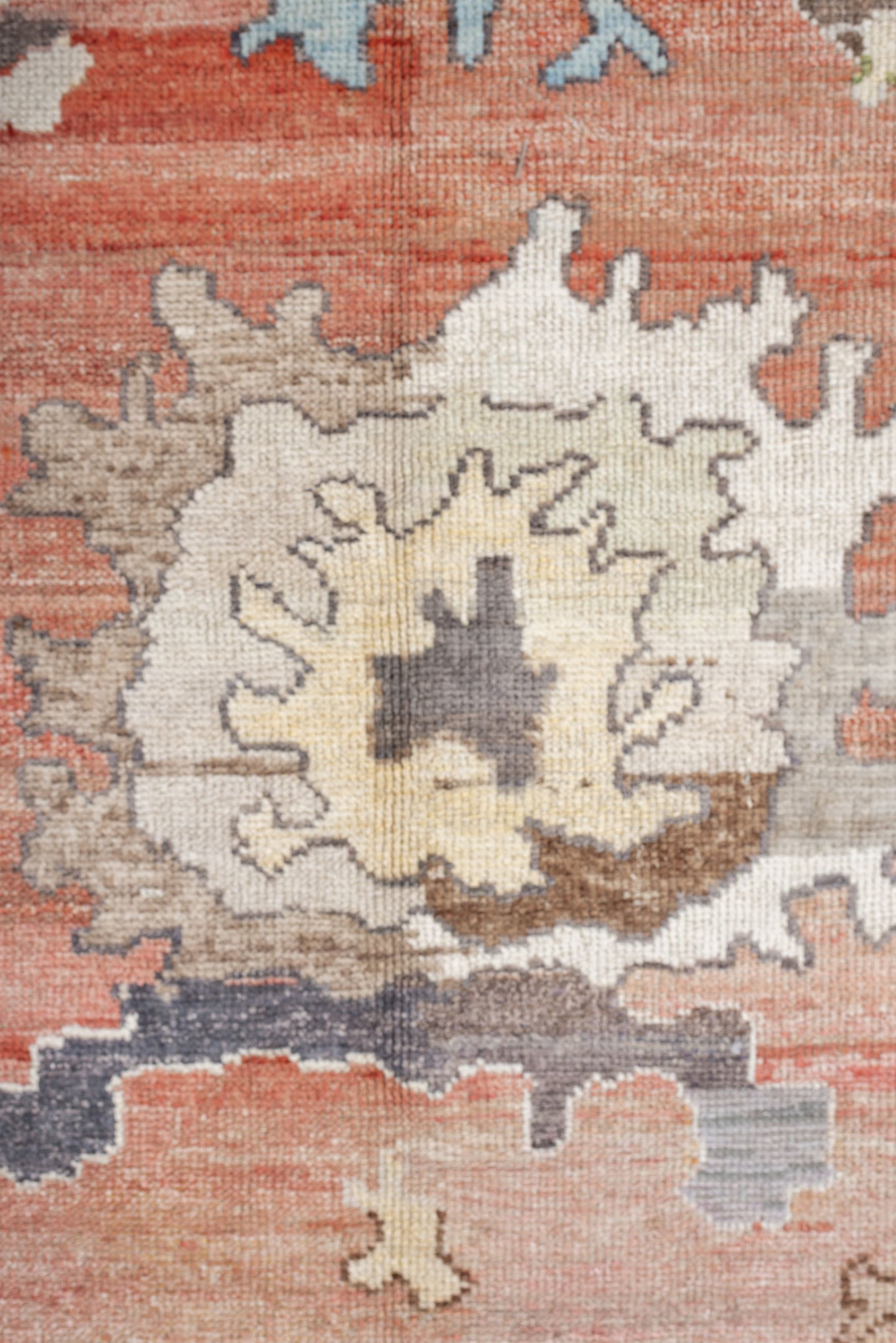 12' x 15' one-of-a-kind handmade vintage Oushak oversize rug. Color palette: coral, slate, ivory, sky blue, sage, taupe