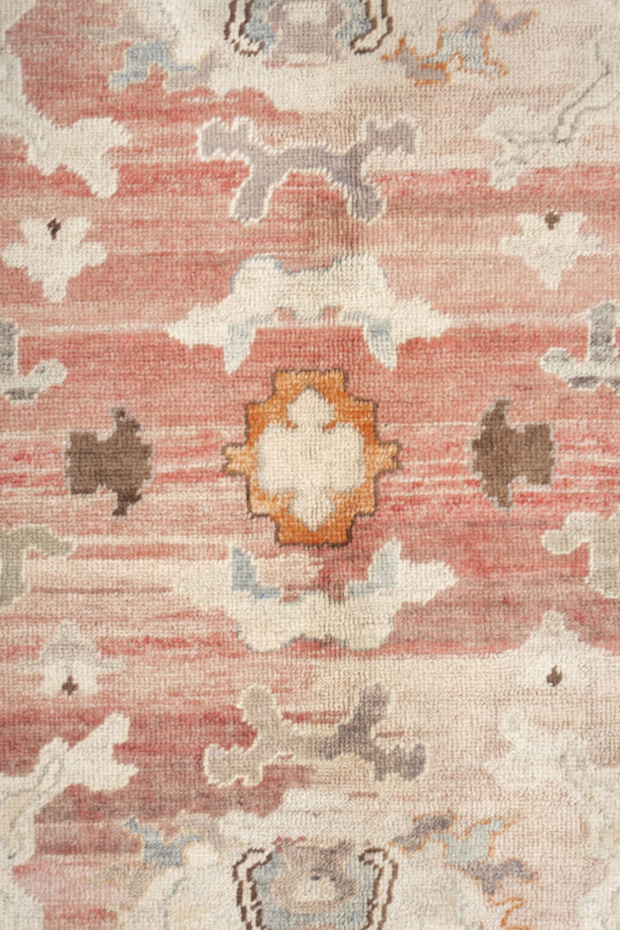 12' x 14' one-of-a-kind handmade vintage Oushak oversize rug. Color palette: sage, coral, ivory, terracotta, taupe, peach
