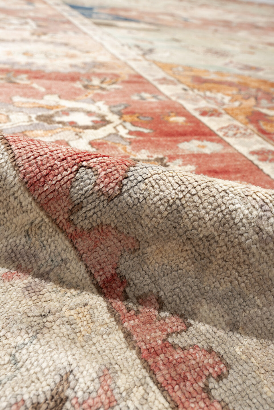 12' x 14' one-of-a-kind handmade vintage Oushak oversize rug. Color palette: sage, coral, ivory, terracotta, taupe, peach