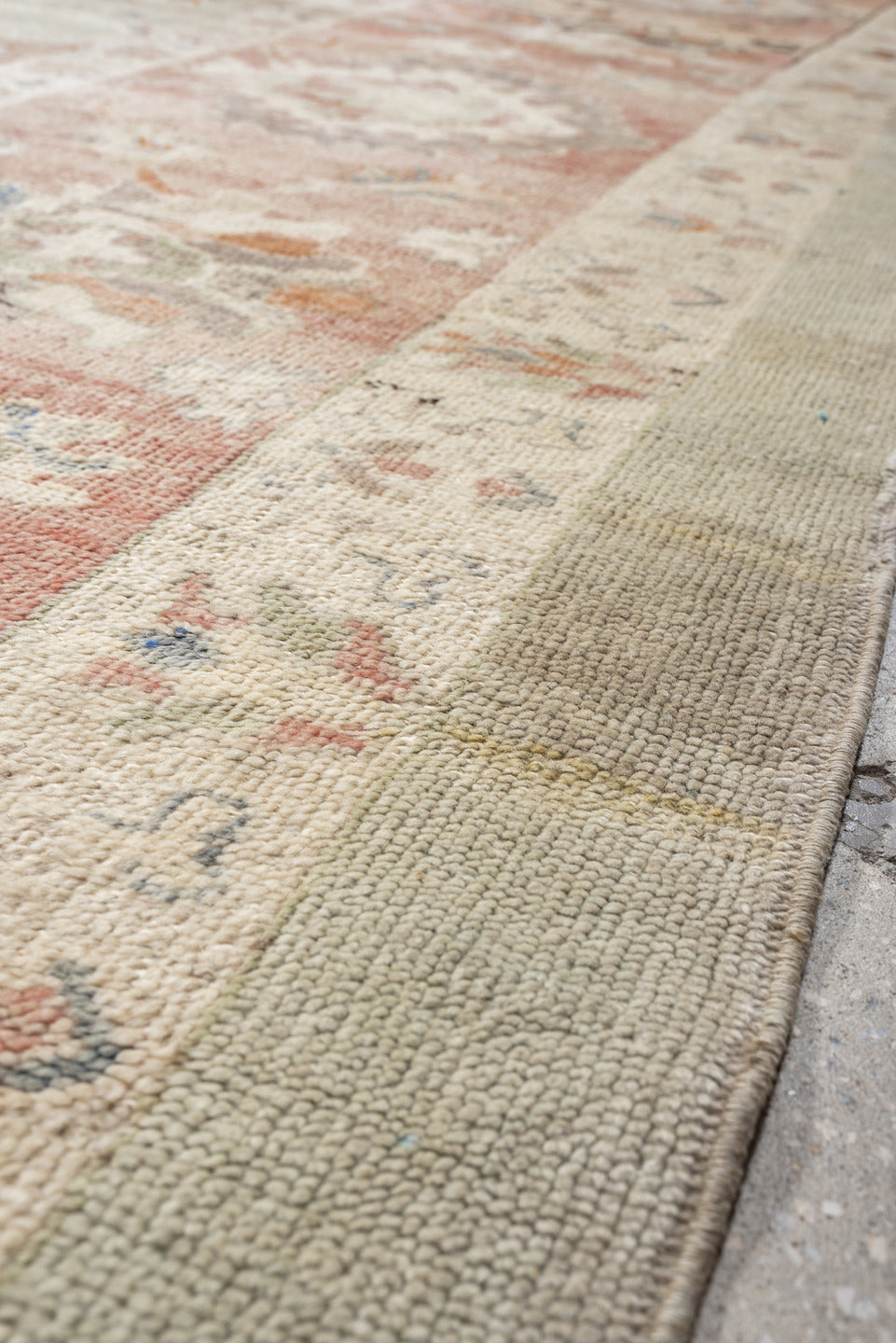12' x 14' one-of-a-kind handmade vintage Oushak oversize rug. Color palette: sage, coral, ivory, terracotta, taupe, peach