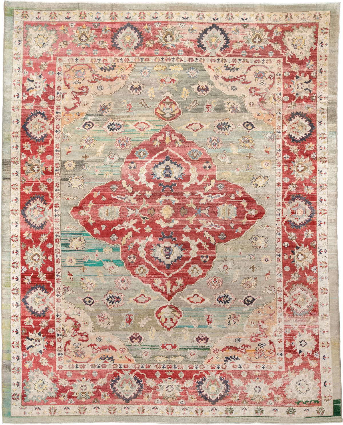 12' x 15' one-of-a-kind handmade vintage Oushak oversize rug. Color palette: terracotta, sage, ivory, rust, cream, navy