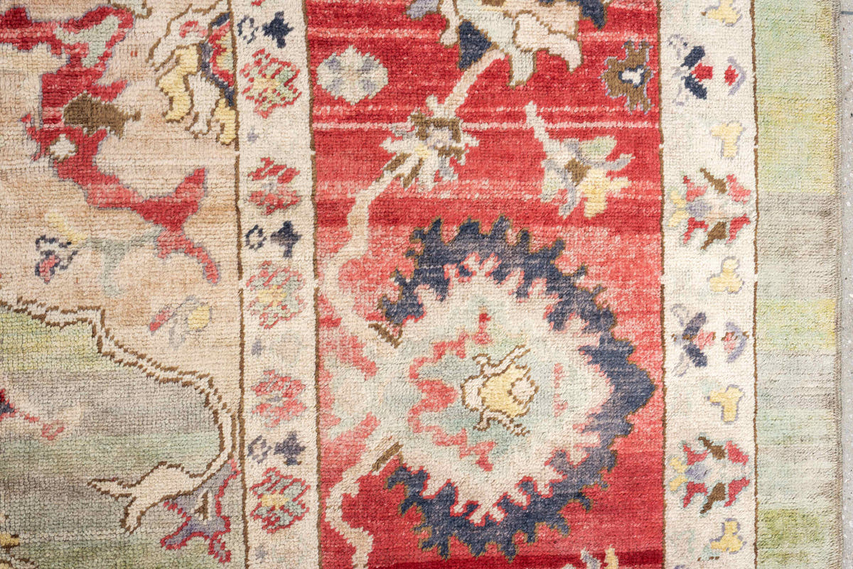 12' x 15' one-of-a-kind handmade vintage Oushak oversize rug. Color palette: terracotta, sage, ivory, rust, cream, navy