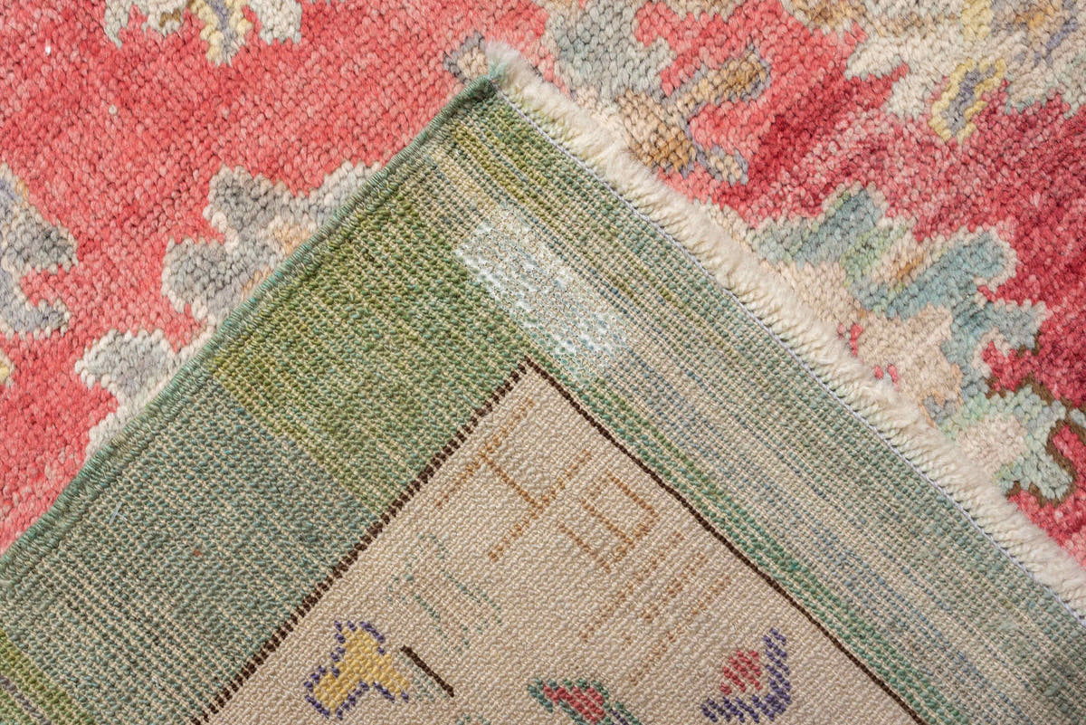 12' x 15' one-of-a-kind handmade vintage Oushak oversize rug. Color palette: terracotta, sage, ivory, rust, cream, navy