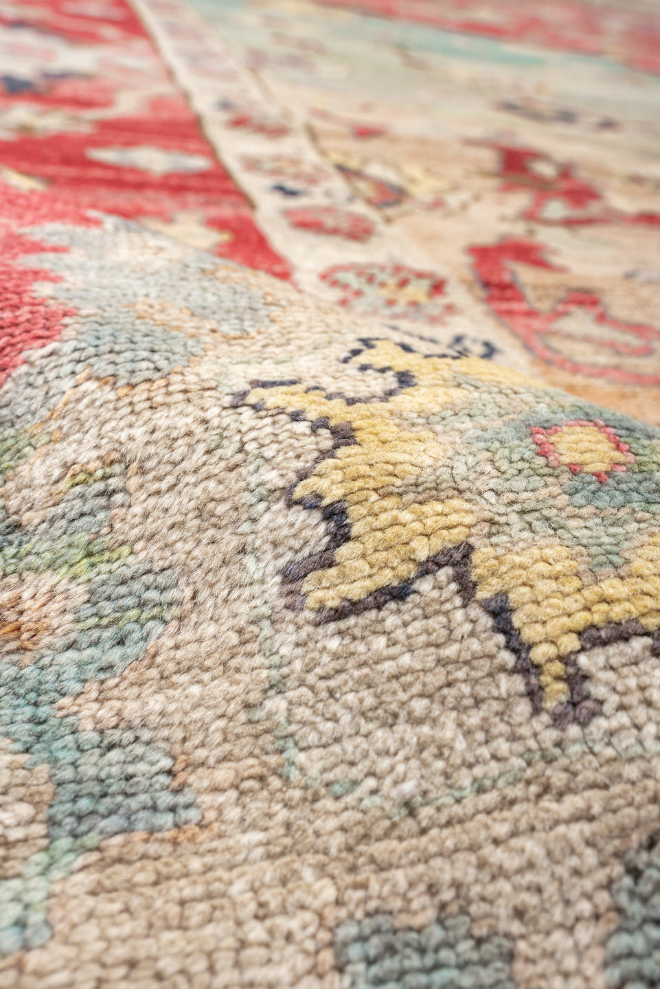 12' x 15' one-of-a-kind handmade vintage Oushak oversize rug. Color palette: terracotta, sage, ivory, rust, cream, navy