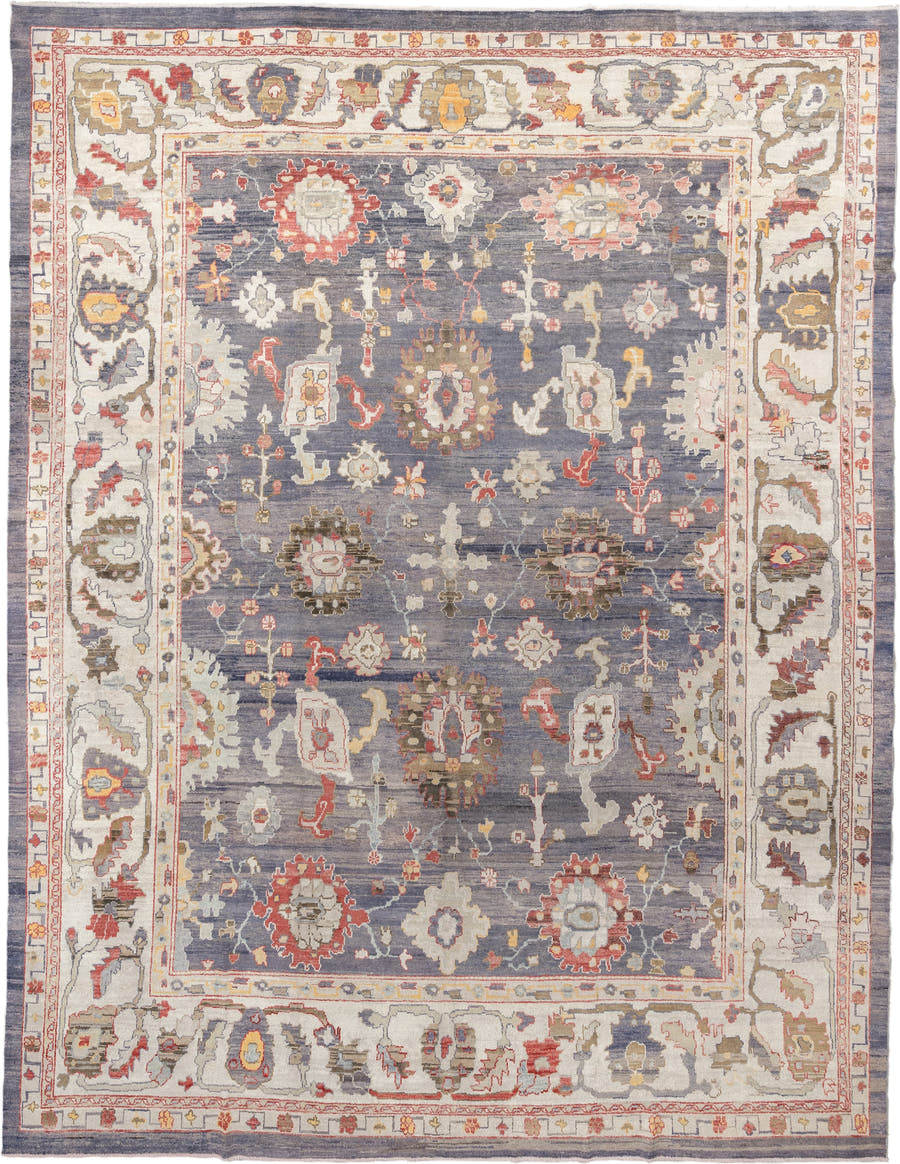 12' x 15' one-of-a-kind handmade vintage Oushak oversize rug. Color palette: slate, ivory, taupe, terracotta, sage, gold