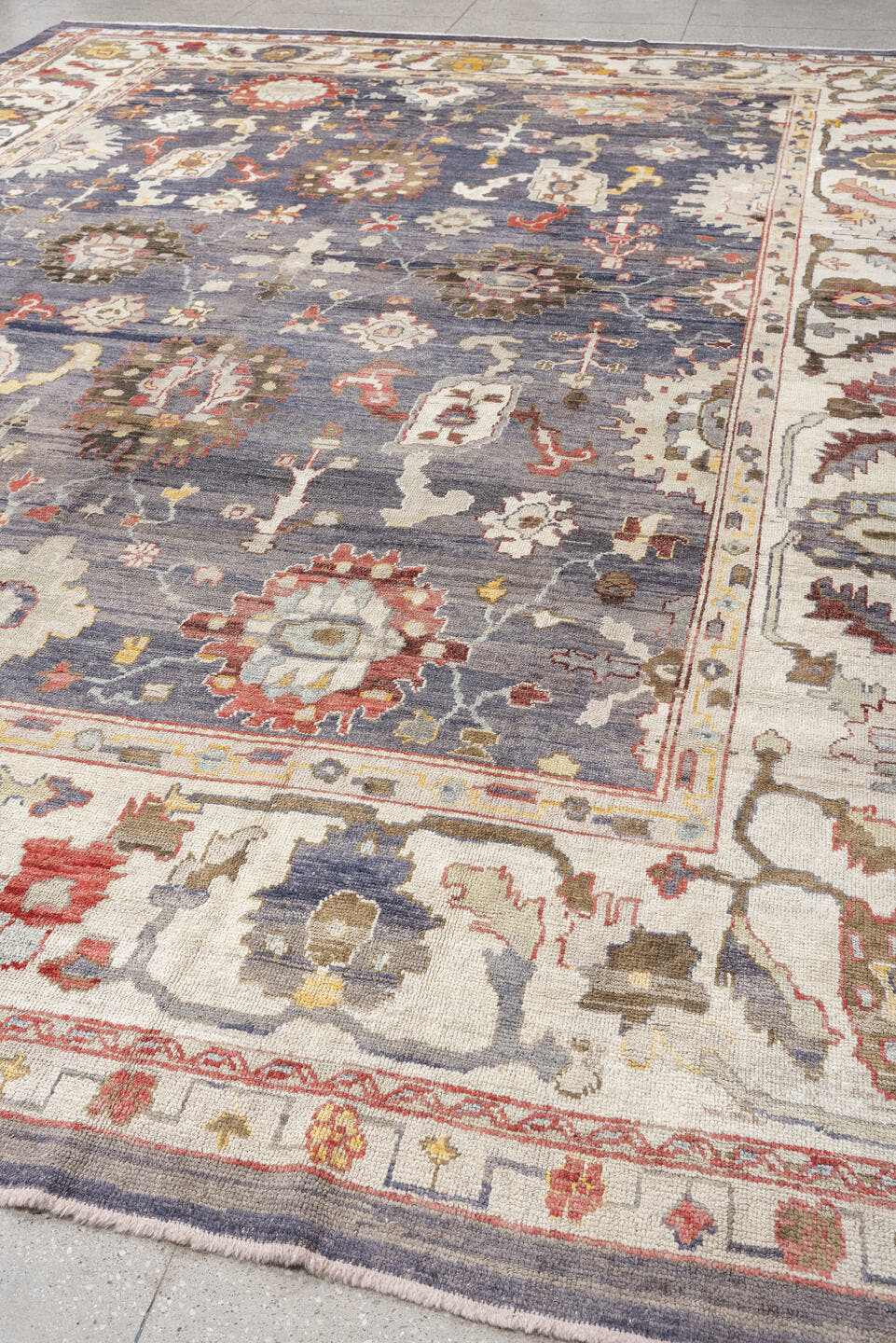 12' x 15' one-of-a-kind handmade vintage Oushak oversize rug. Color palette: slate, ivory, taupe, terracotta, sage, gold