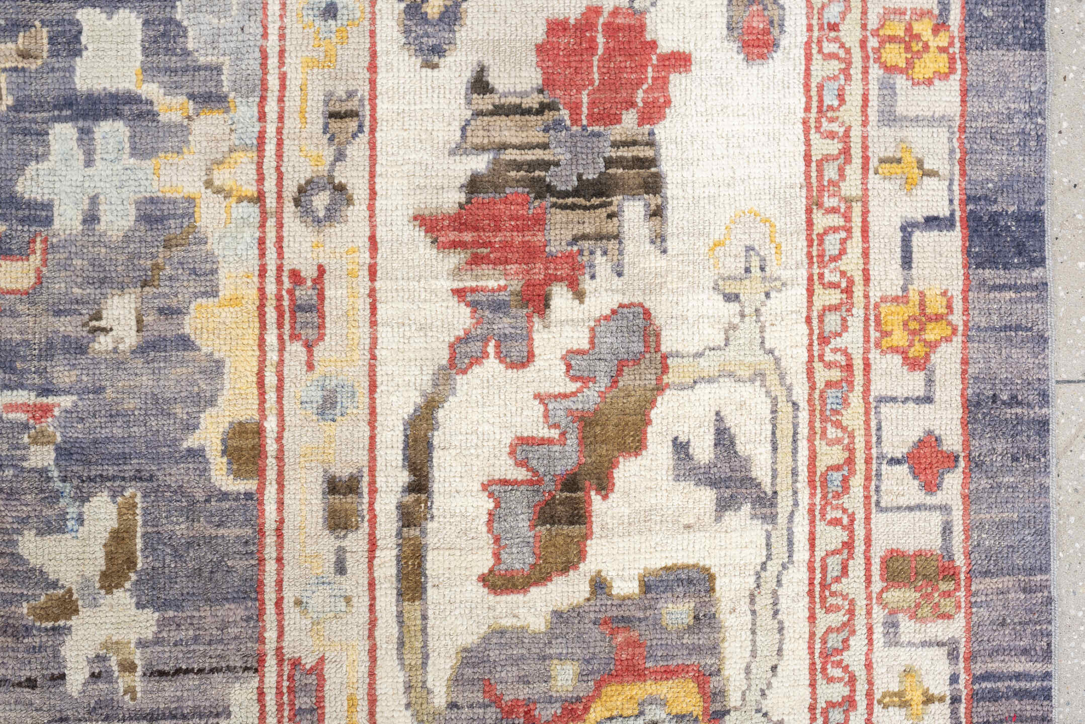 12' x 15' one-of-a-kind handmade vintage Oushak oversize rug. Color palette: slate, ivory, taupe, terracotta, sage, gold