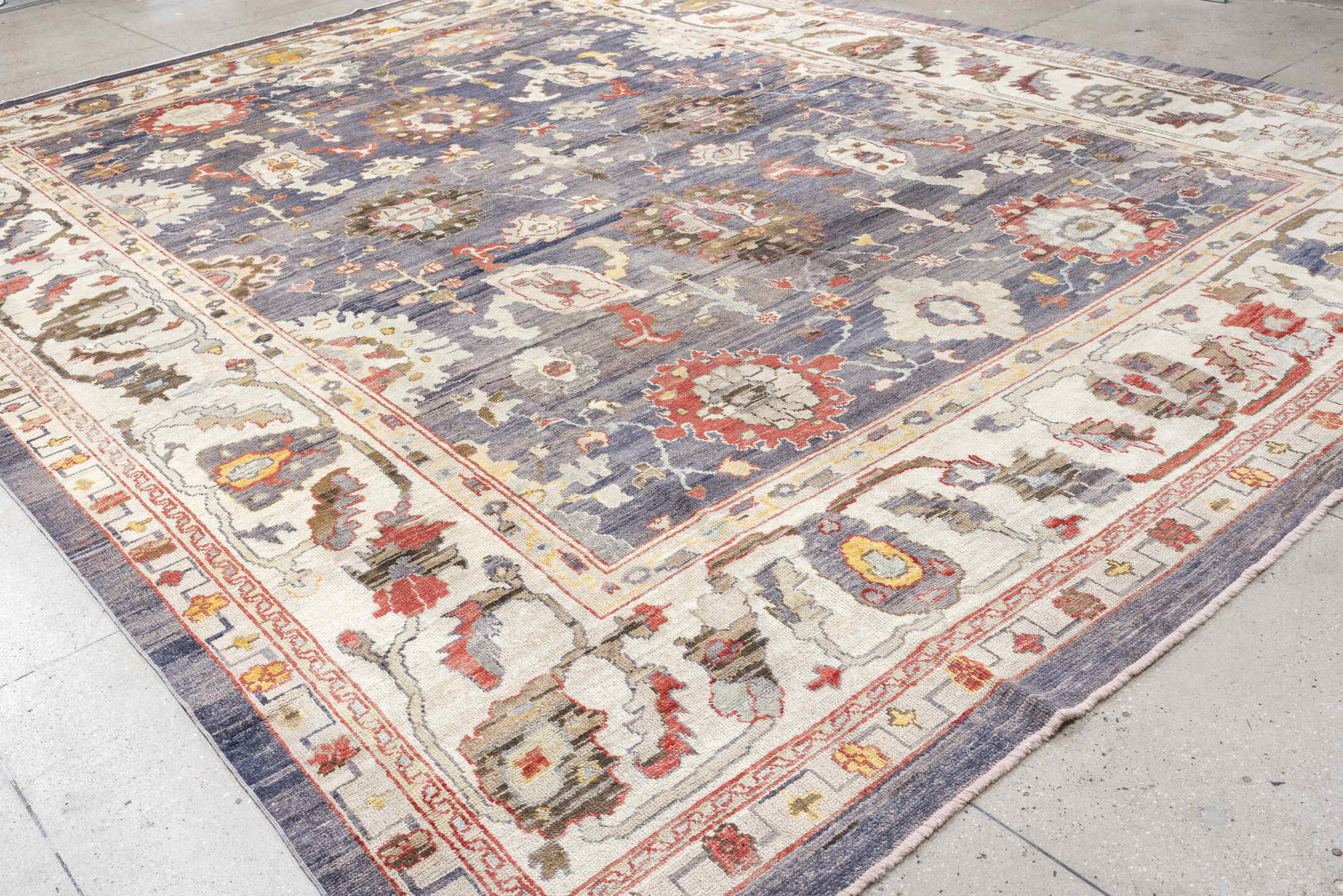 12' x 15' one-of-a-kind handmade vintage Oushak oversize rug. Color palette: slate, ivory, taupe, terracotta, sage, gold