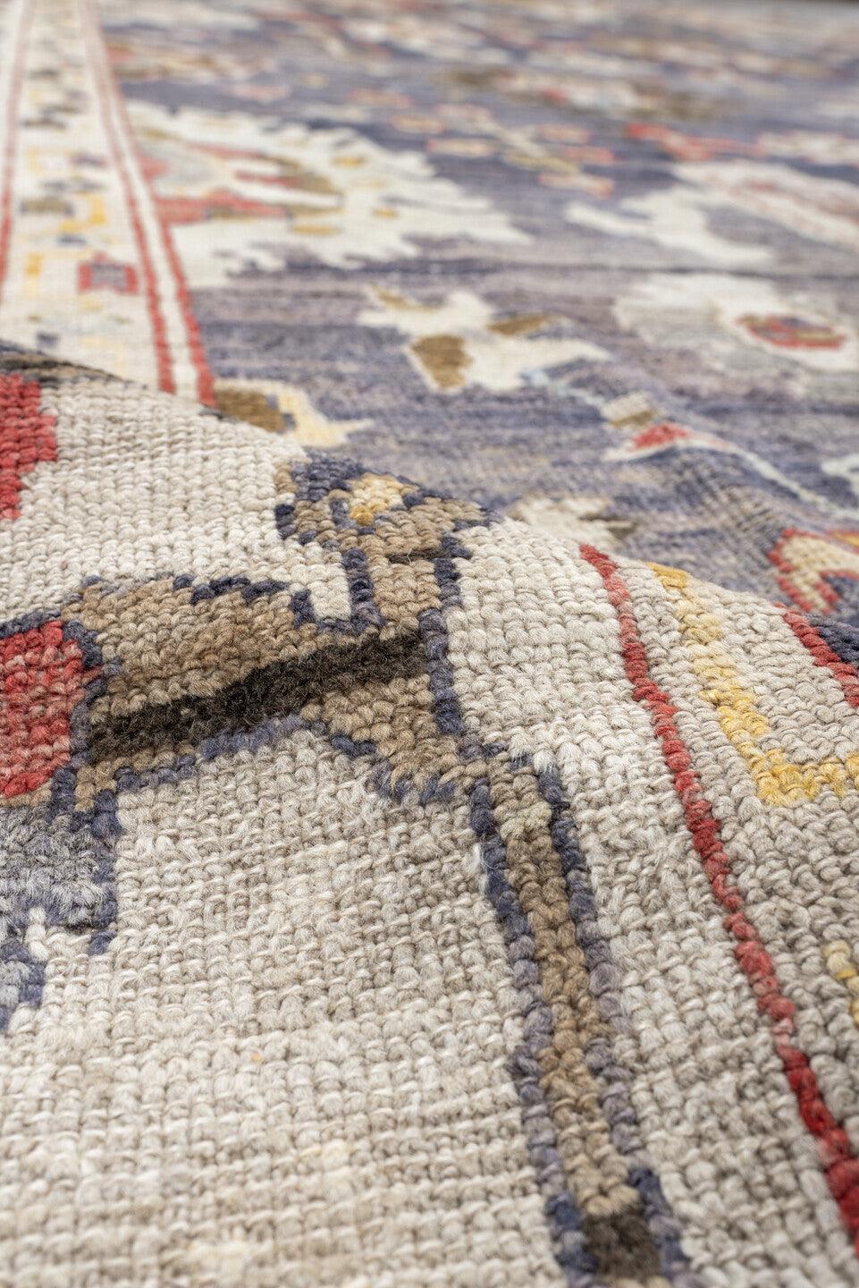 12' x 15' one-of-a-kind handmade vintage Oushak oversize rug. Color palette: slate, ivory, taupe, terracotta, sage, gold