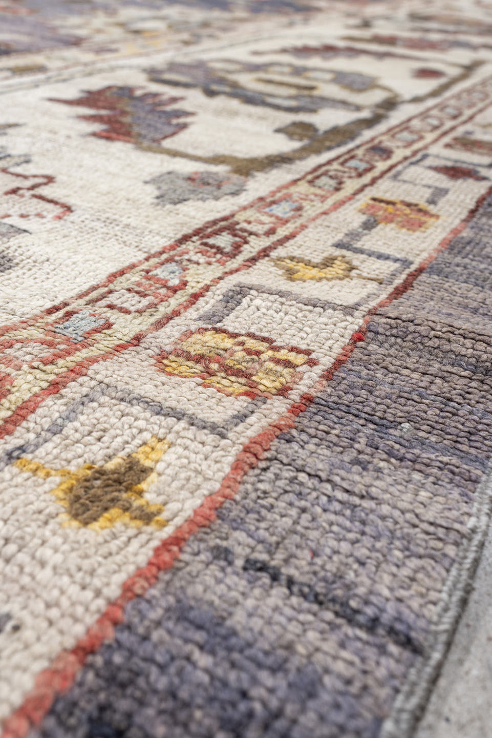 12' x 15' one-of-a-kind handmade vintage Oushak oversize rug. Color palette: slate, ivory, taupe, terracotta, sage, gold