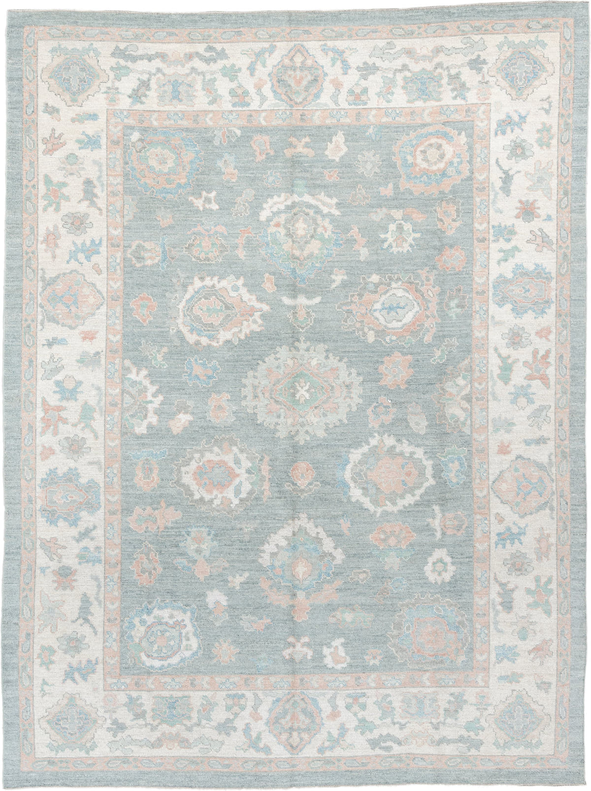 9' x 12' one-of-a-kind handmade vintage Oushak large size rug. Color palette: pale blue, ivory, blush, sage, peach, taupe