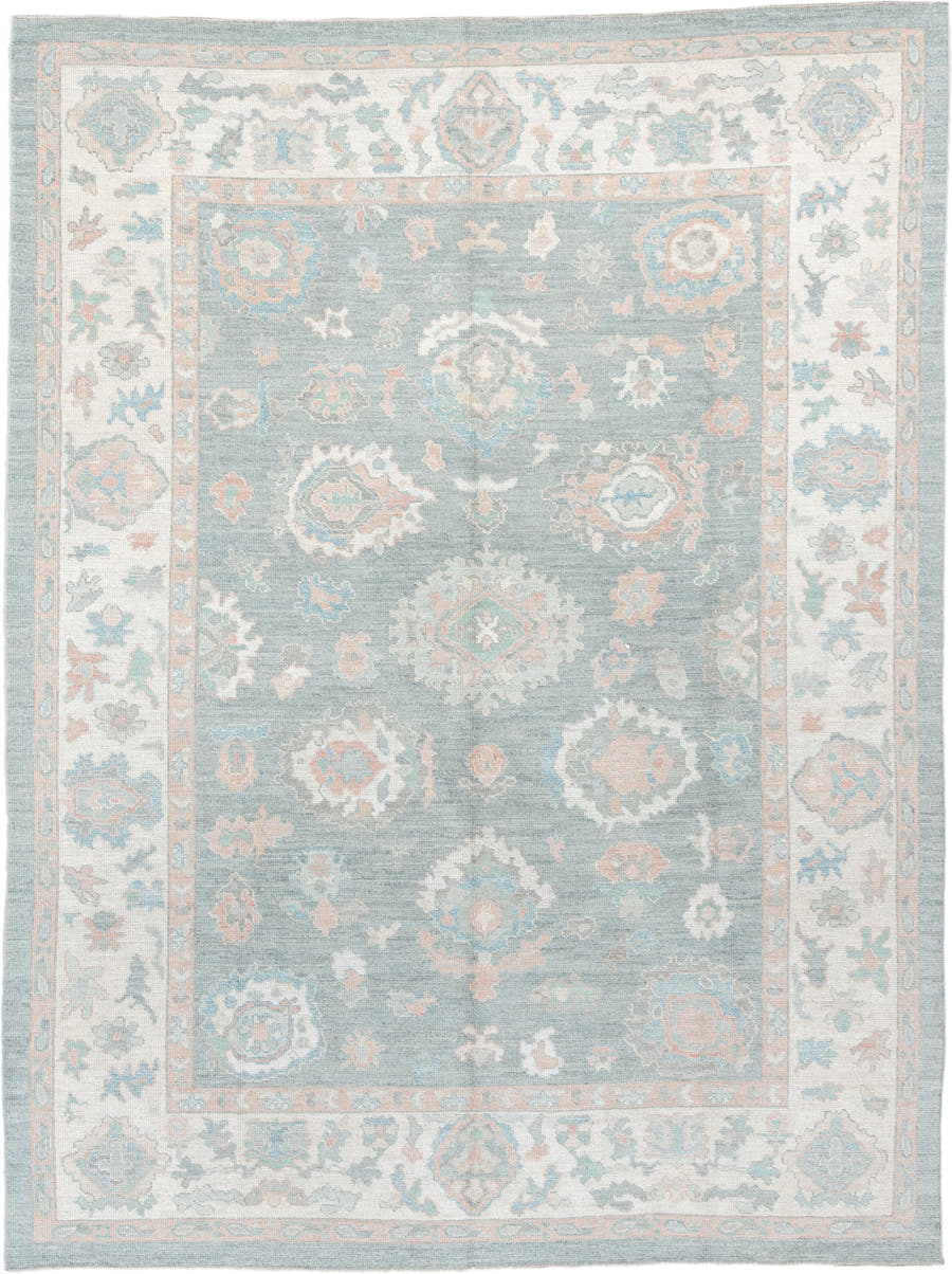9' x 12' one-of-a-kind handmade vintage Oushak large size rug. Color palette: pale blue, ivory, blush, sage, peach, taupe