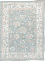 9' x 12' one-of-a-kind handmade vintage Oushak large size rug. Color palette: pale blue, ivory, blush, sage, peach, taupe