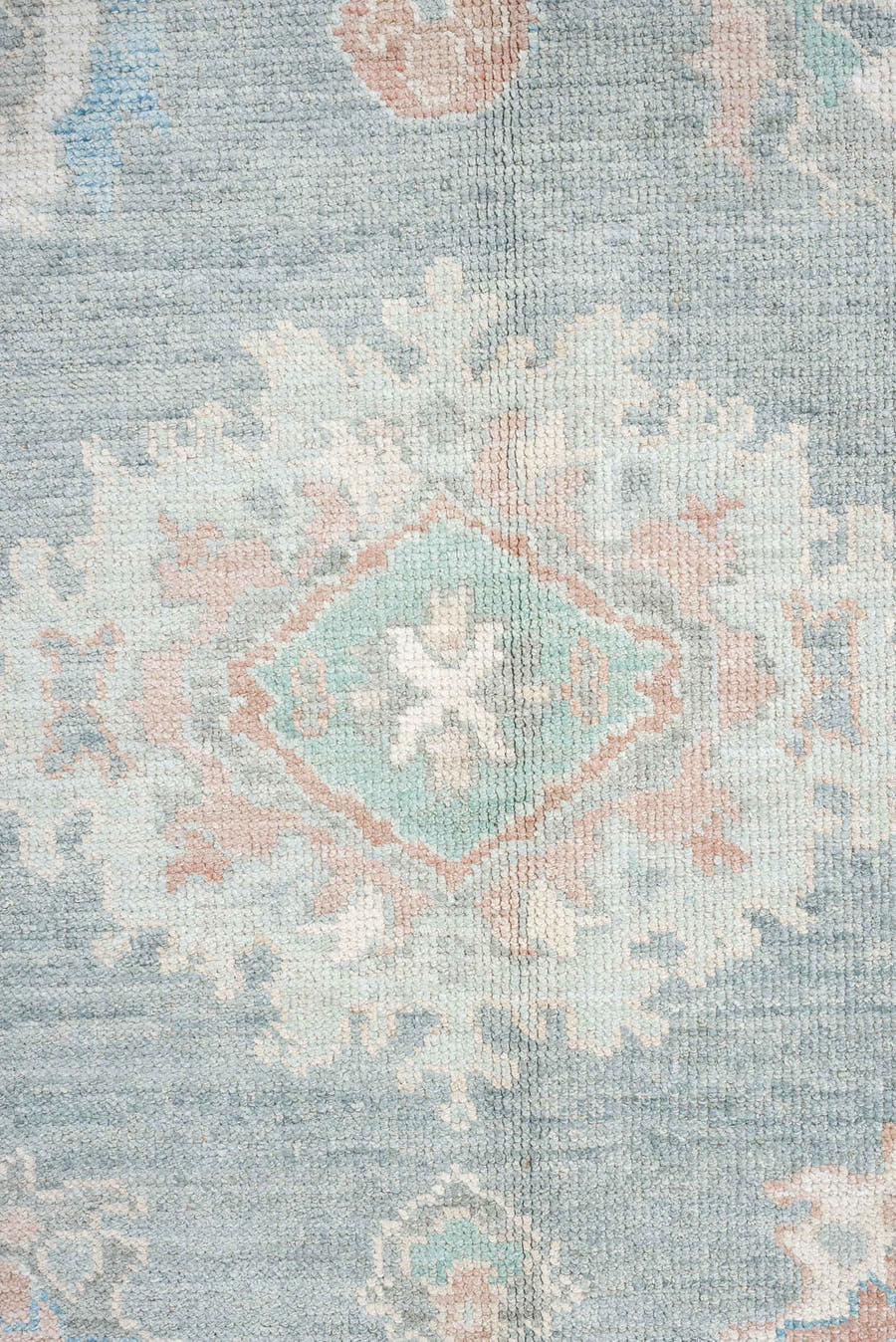 9' x 12' one-of-a-kind handmade vintage Oushak large size rug. Color palette: pale blue, ivory, blush, sage, peach, taupe