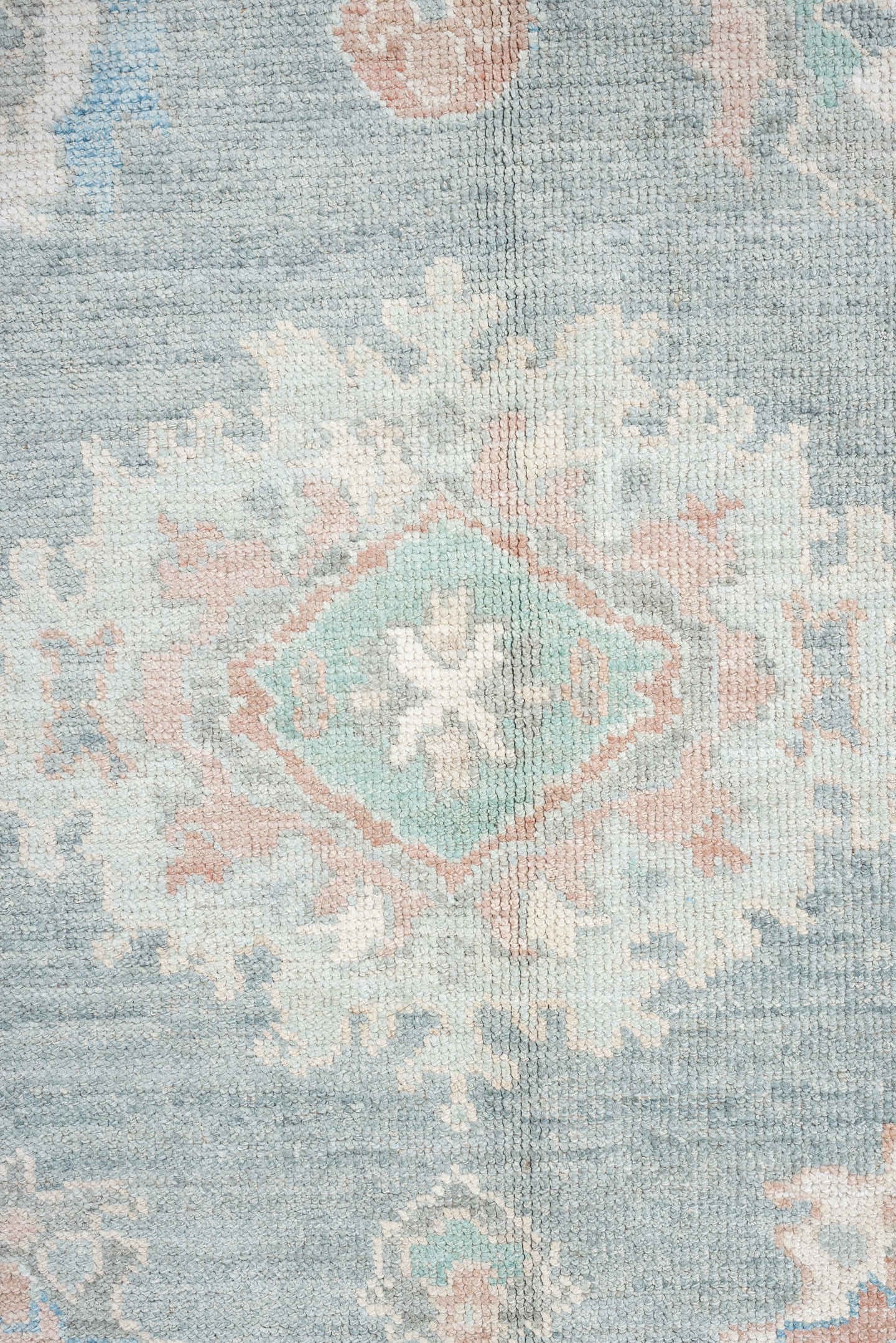 9' x 12' one-of-a-kind handmade vintage Oushak large size rug. Color palette: pale blue, ivory, blush, sage, peach, taupe