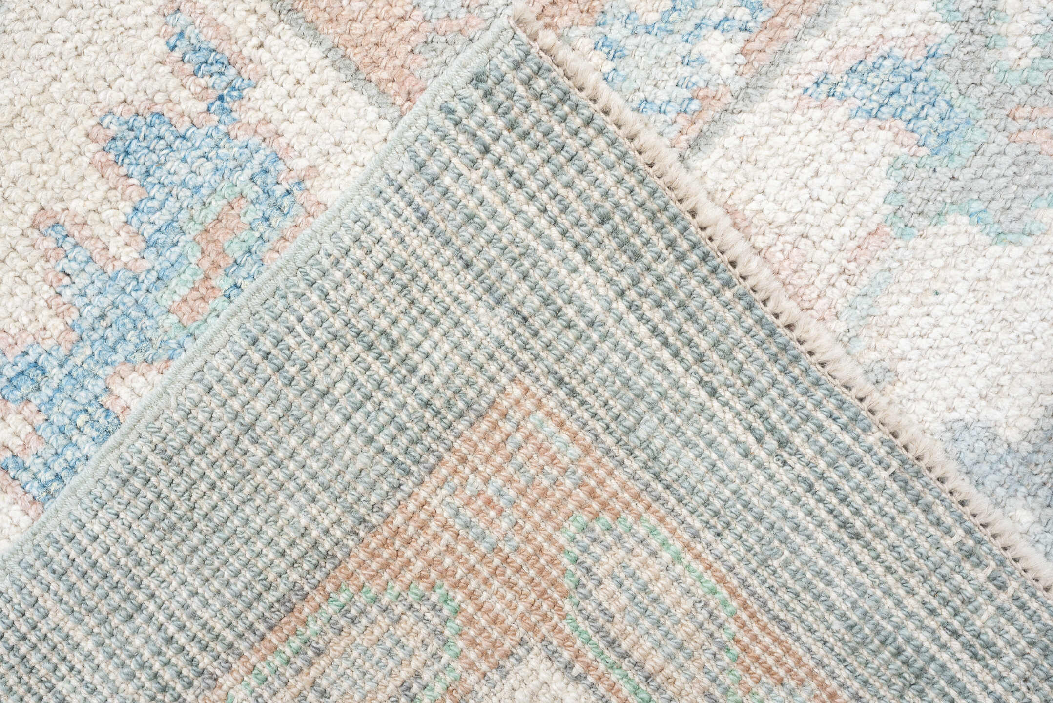 9' x 12' one-of-a-kind handmade vintage Oushak large size rug. Color palette: pale blue, ivory, blush, sage, peach, taupe