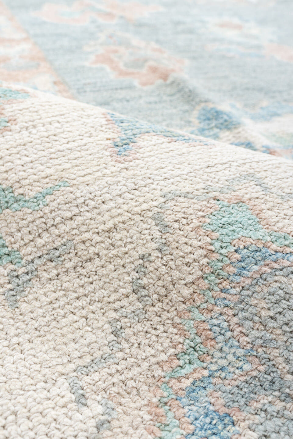 9' x 12' one-of-a-kind handmade vintage Oushak large size rug. Color palette: pale blue, ivory, blush, sage, peach, taupe