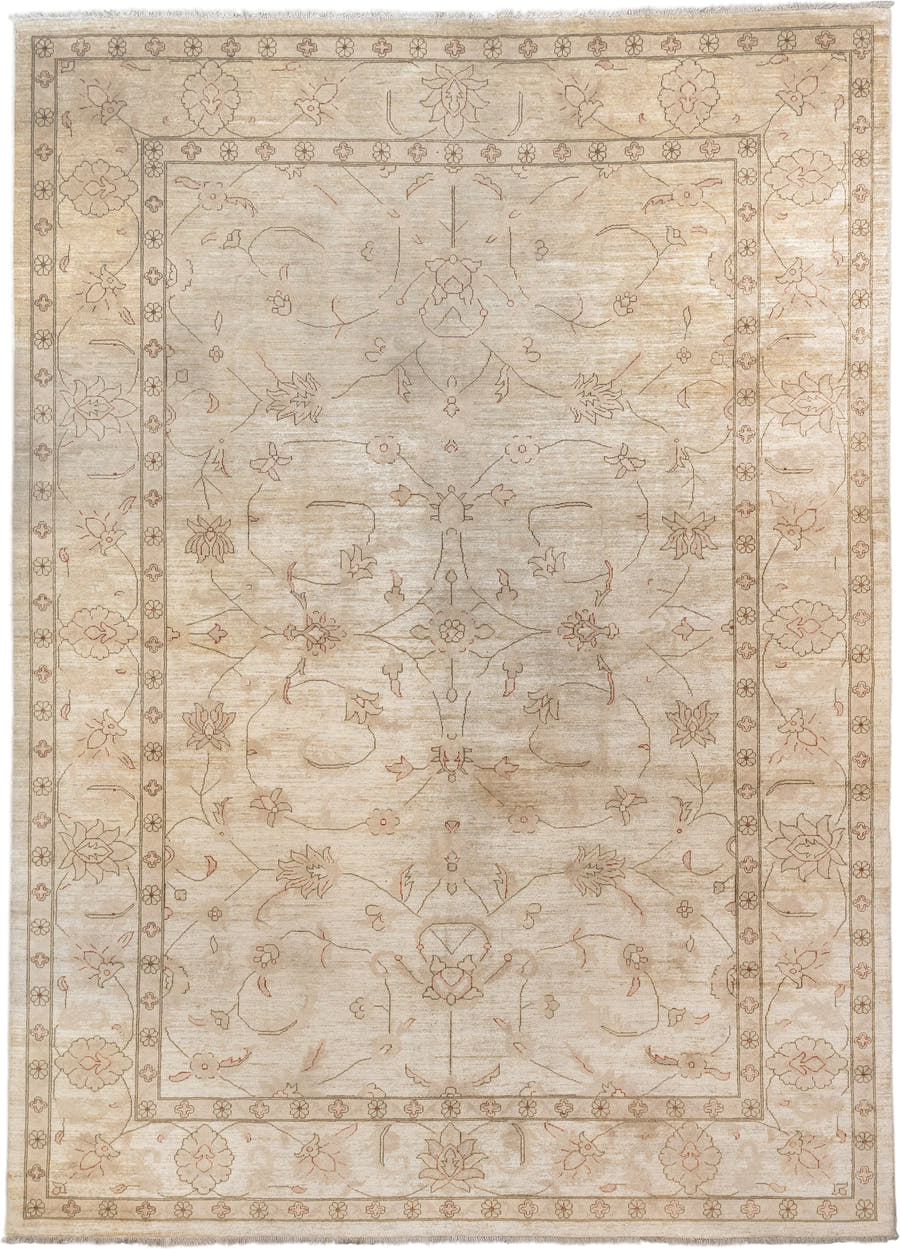 12' x 14' one-of-a-kind handmade vintage Afghan oversize rug. Color palette: ivory, beige, blush, taupe, sand, pink, gray
