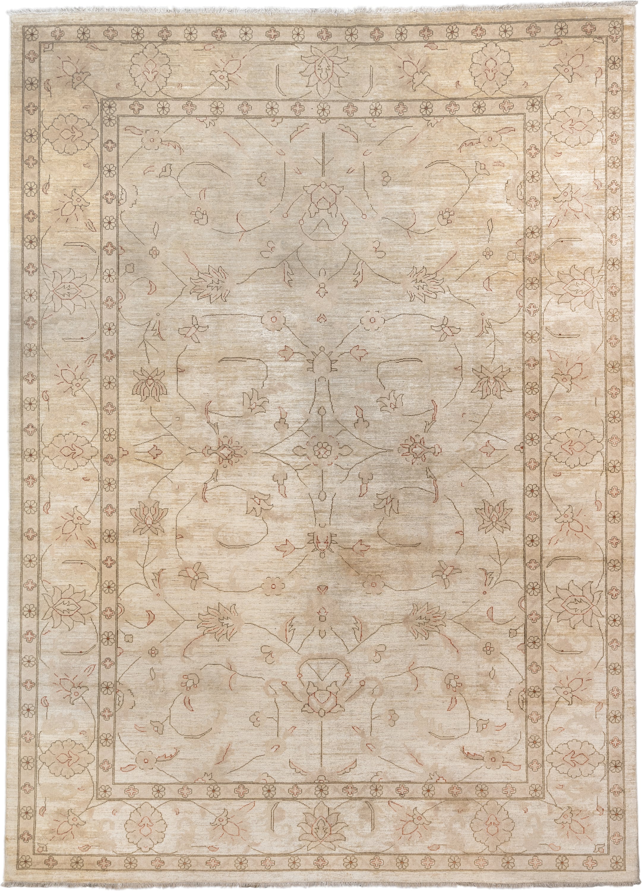 12' x 14' one-of-a-kind handmade vintage Afghan oversize rug. Color palette: ivory, beige, blush, taupe, sand, pink, gray