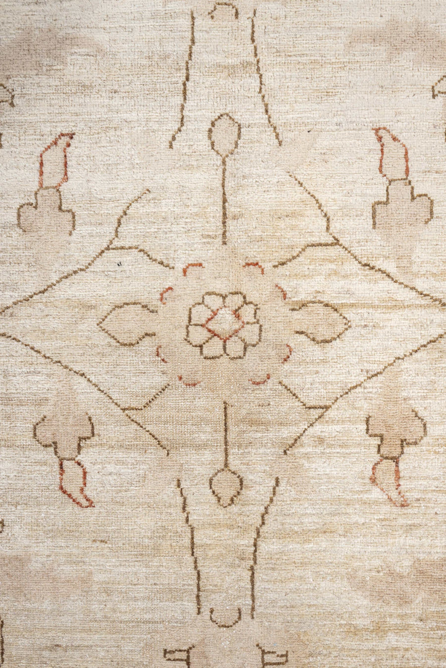 12' x 14' one-of-a-kind handmade vintage Afghan oversize rug. Color palette: ivory, beige, blush, taupe, sand, pink, gray