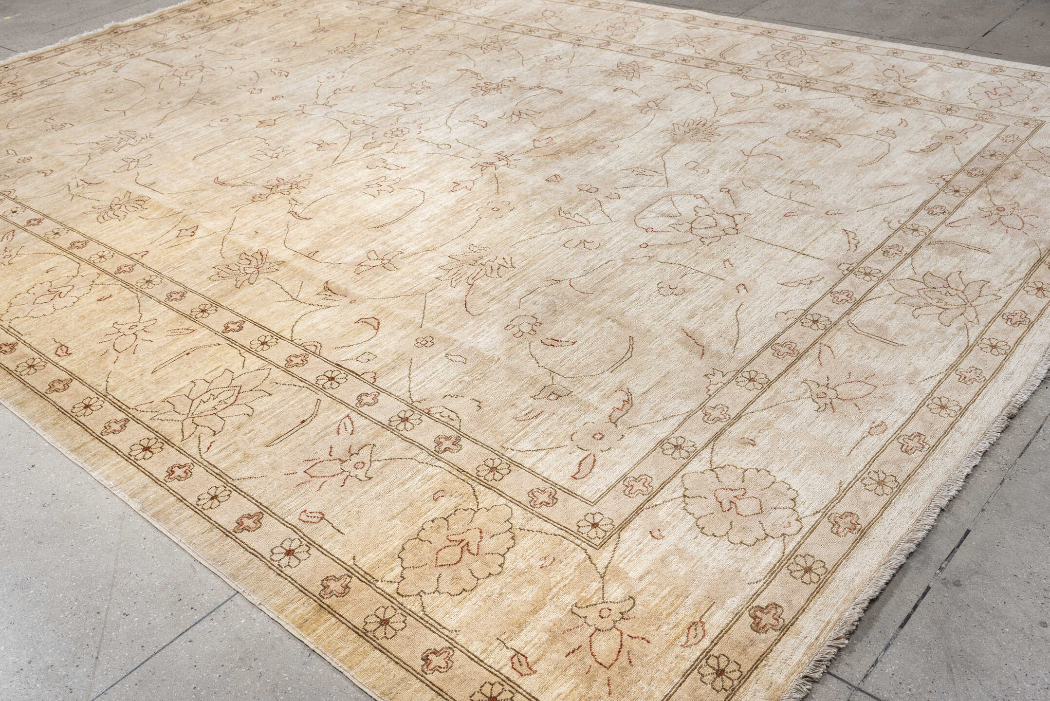12' x 14' one-of-a-kind handmade vintage Afghan oversize rug. Color palette: ivory, beige, blush, taupe, sand, pink, gray