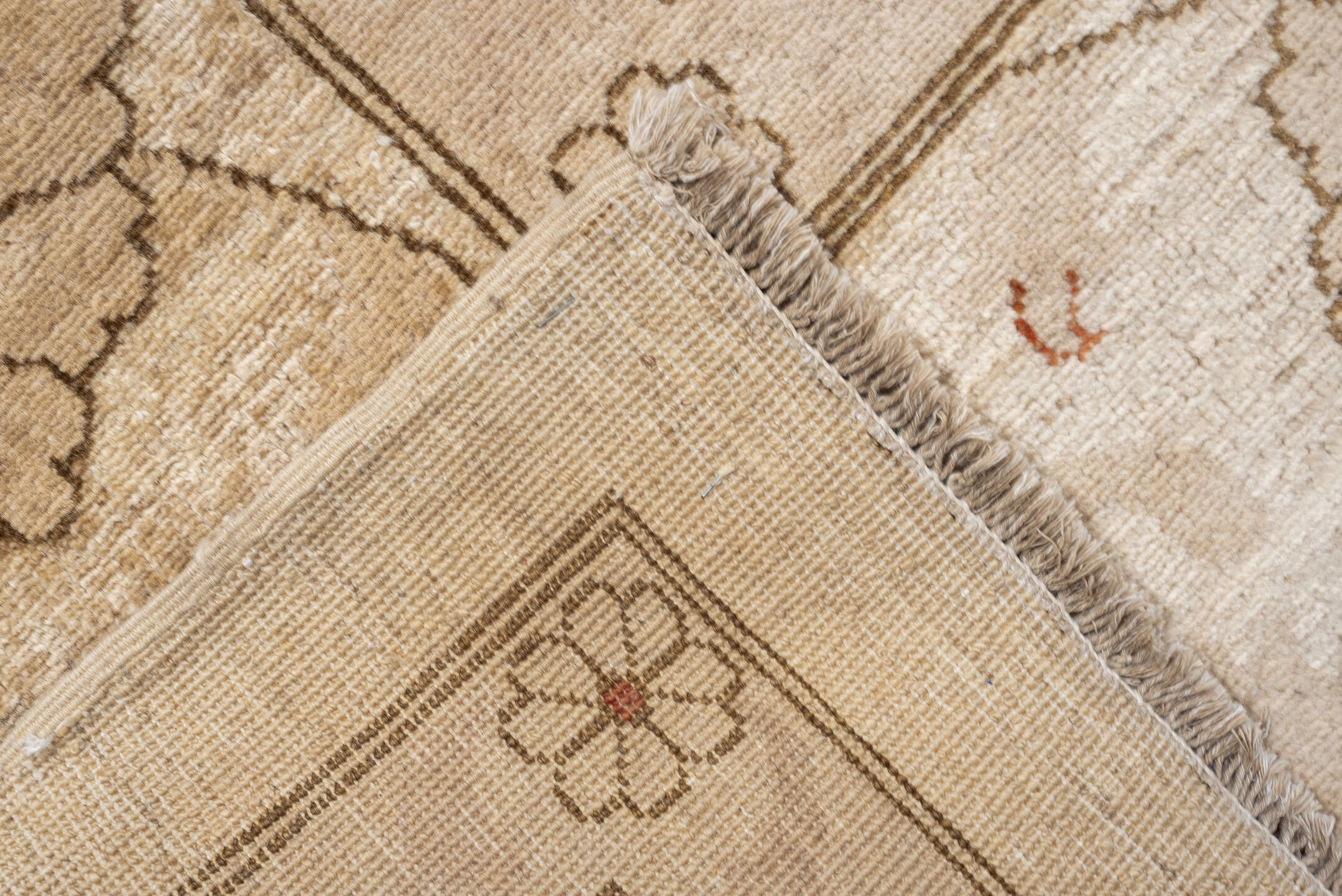 12' x 14' one-of-a-kind handmade vintage Afghan oversize rug. Color palette: ivory, beige, blush, taupe, sand, pink, gray